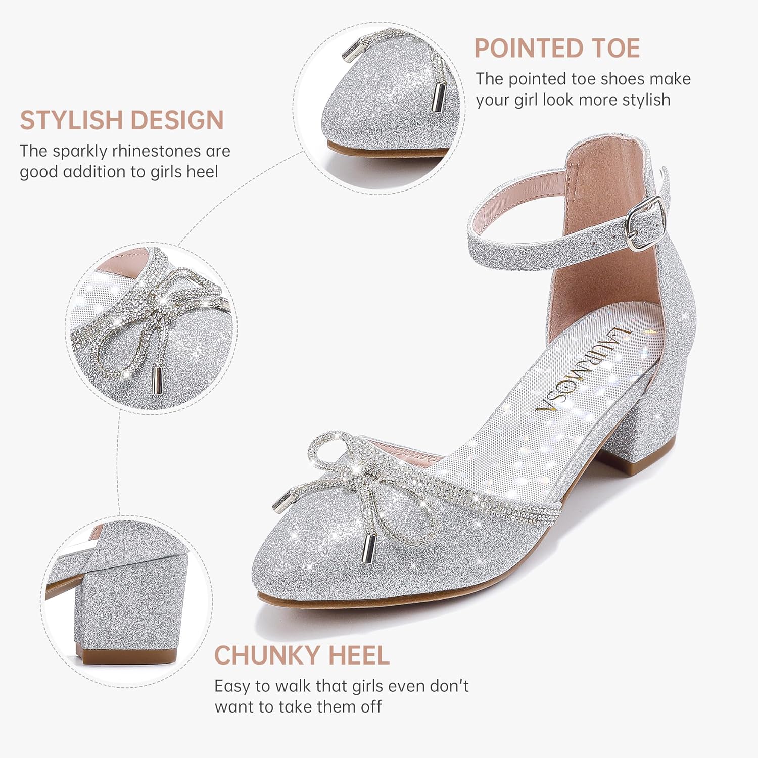 LAURMOSA Girls Sandals Closed Toe High Heels Pointed Toe Ankle Strap Pumps Flower Girl Dressy Shoes in Wedding Party Cute Bowknot Chunky Block Heeled for Little Big Kids