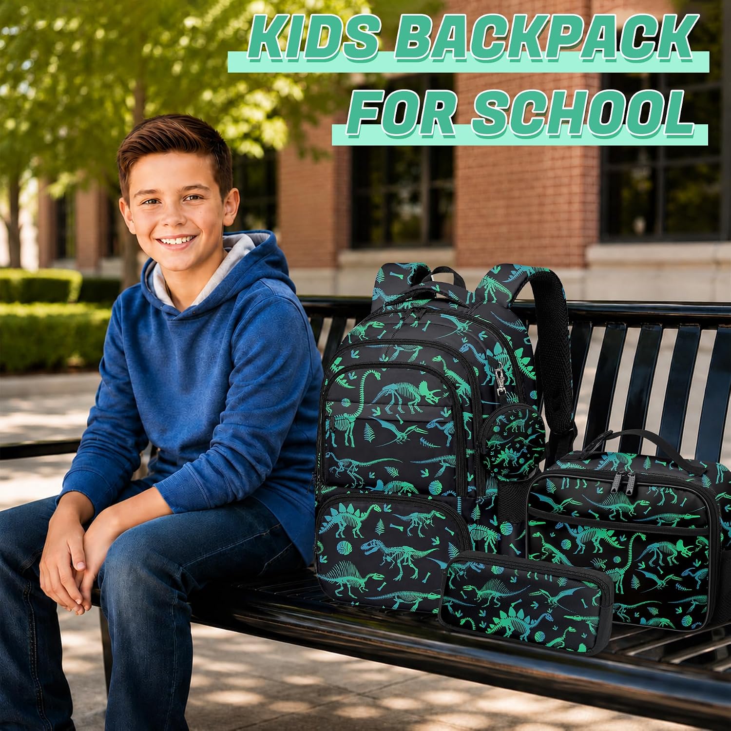 Dinosaur Backpack Set for Boys Girls, Kids Dinosaur Backpack for School with Lunch Box and Pencil Case Coin Purse, School Bookbag for Kids Boys Girls