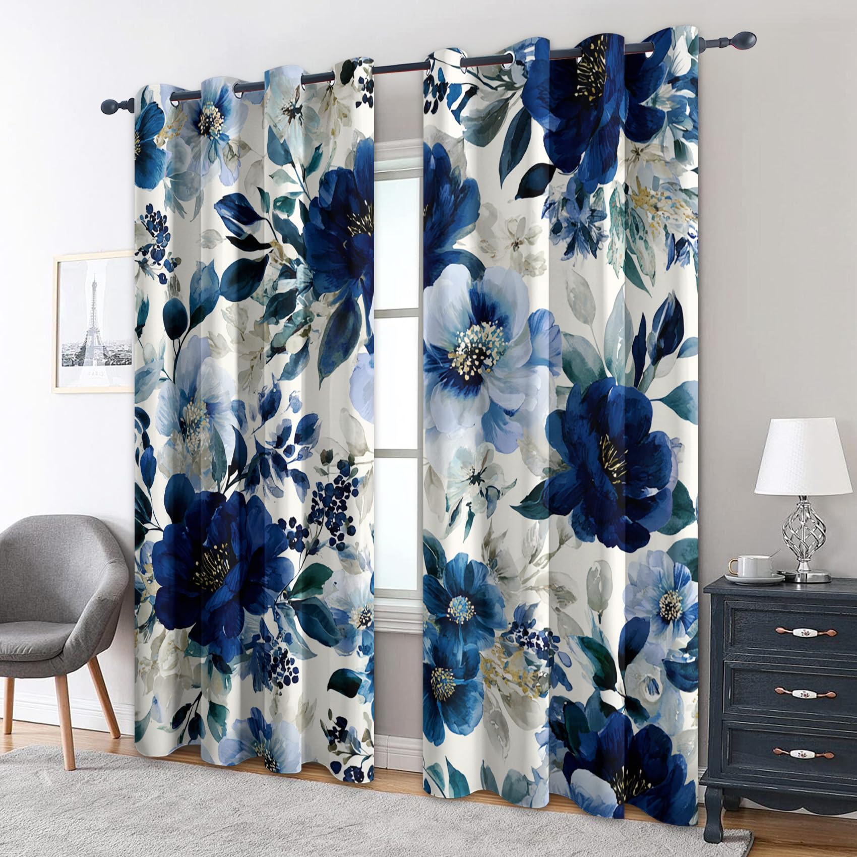 Generisch Blickdichte Vorhänge Aquarell Blume Muster, H 160 x B 140 2er Set - Blaue Blume Natur Fenster Gardinen mit Ösen, 160 cm Lang Curtains Wohnzimmer Schlafzimmer Deko S&ZA-85