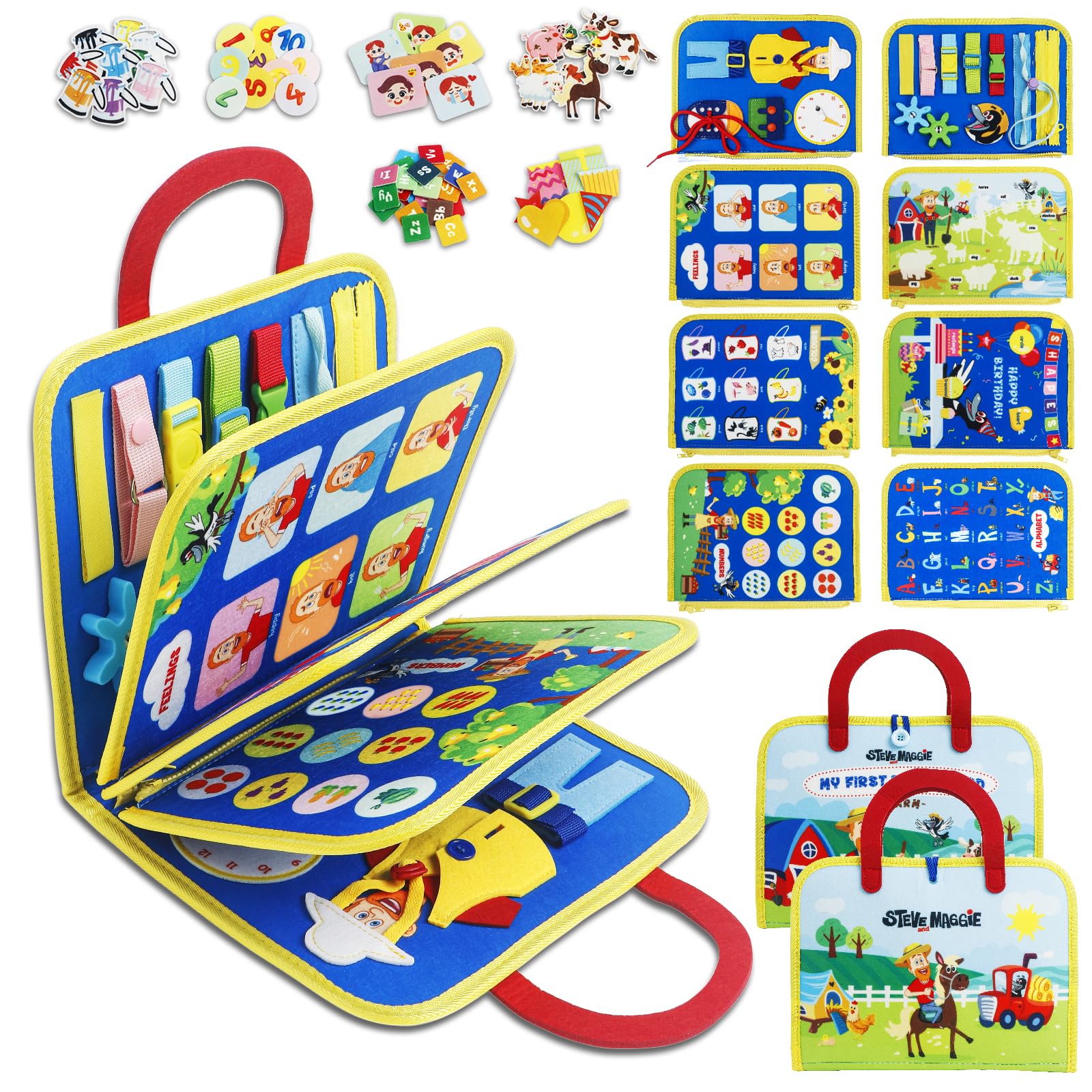 STEVE and MAGGIE Montessori Busy Board & Book - Giocattolo sensoriale da viaggio per bambini | Attività educative per imparare le abilità motorie | Regalo di compleanno unisex