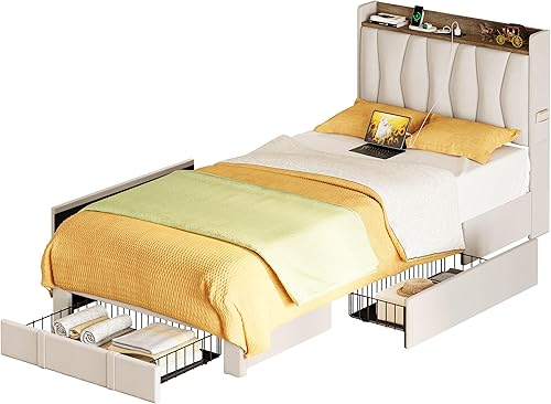 Miniatura 10 de ANCTOR Base de cama tamaño Queen con cabecera de almacenamiento y estación de carga, cama de plataforma tapizada con 3 cajones, no necesita somier,