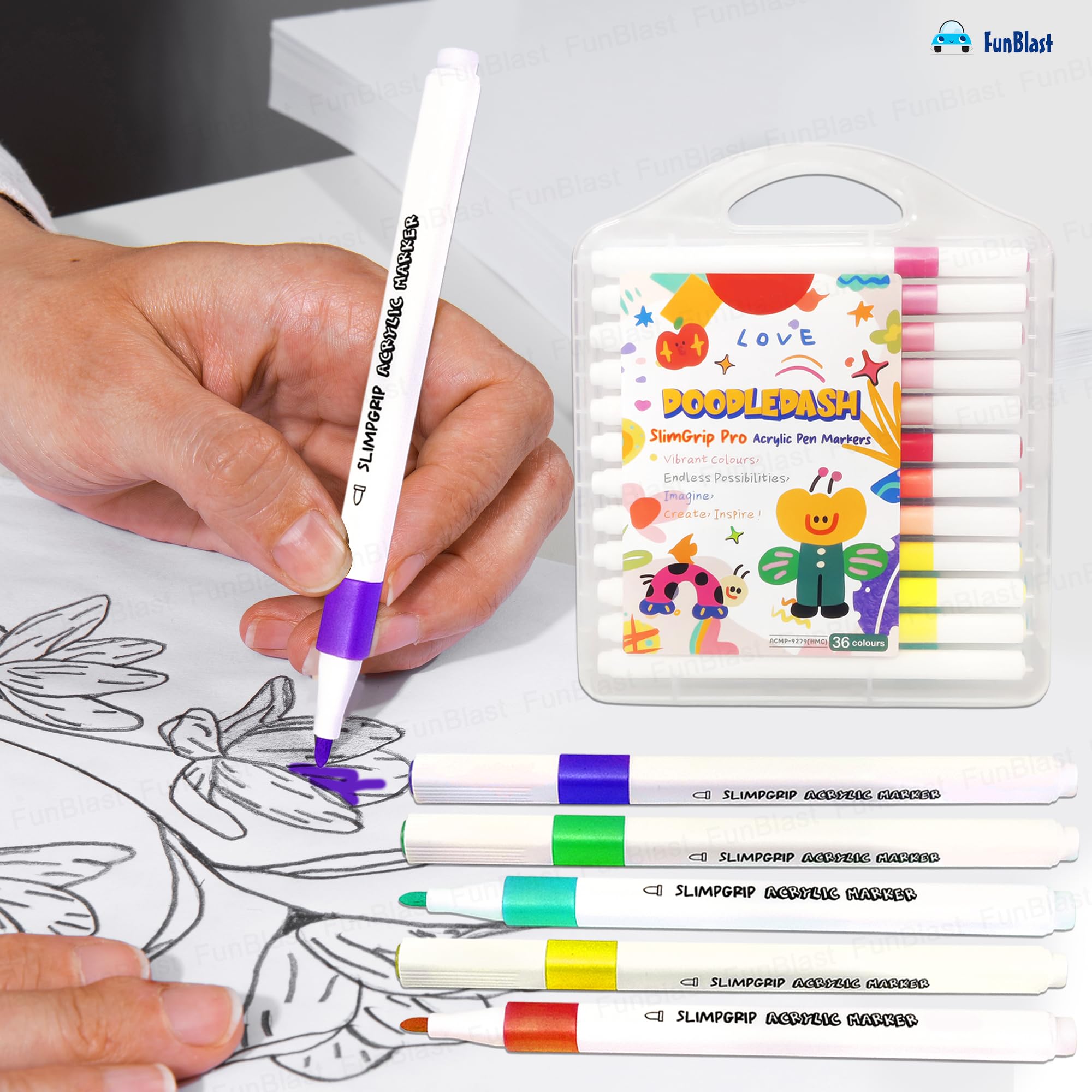 FunBlast Acrylic Paint Markers – Set of 36 Vibrant Colors, Permanent Water-Based Marker Pens for Rock Painting, DIY Crafts, Canvas, Glass & More (36) 3