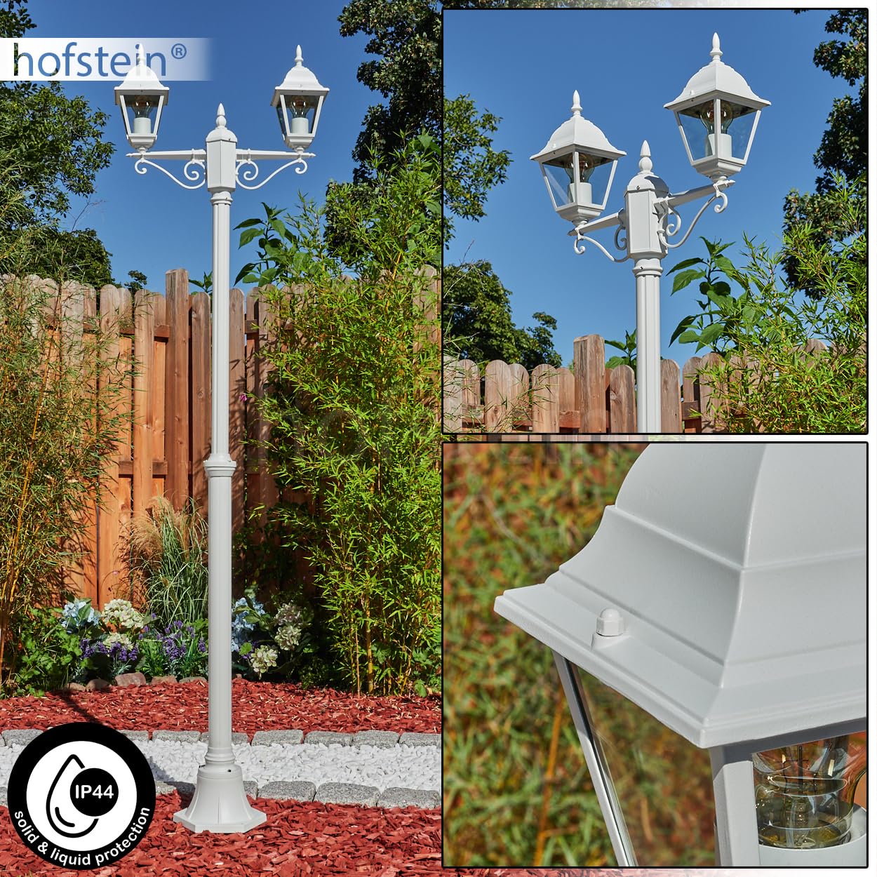 Lampa drogowa zewnętrzna Hong Kong, lampa ścieżki z metalu/szkła w kolorze białym/przezroczystym, kandelabr w antycznym stylu, wysokość maks. 220 cm, oświetlenie ogrodowe IP44, 2 x E27, bez żarówki