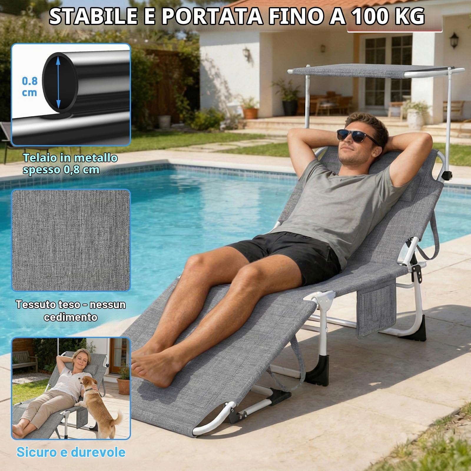 Huracan Lettino prendisole pieghevole con tettuccio parasole, resistente alle intemperie, con schienale regolabile in 4 posizioni, sedia a sdraio con cuscino, portata fino a 150 kg, Grigio