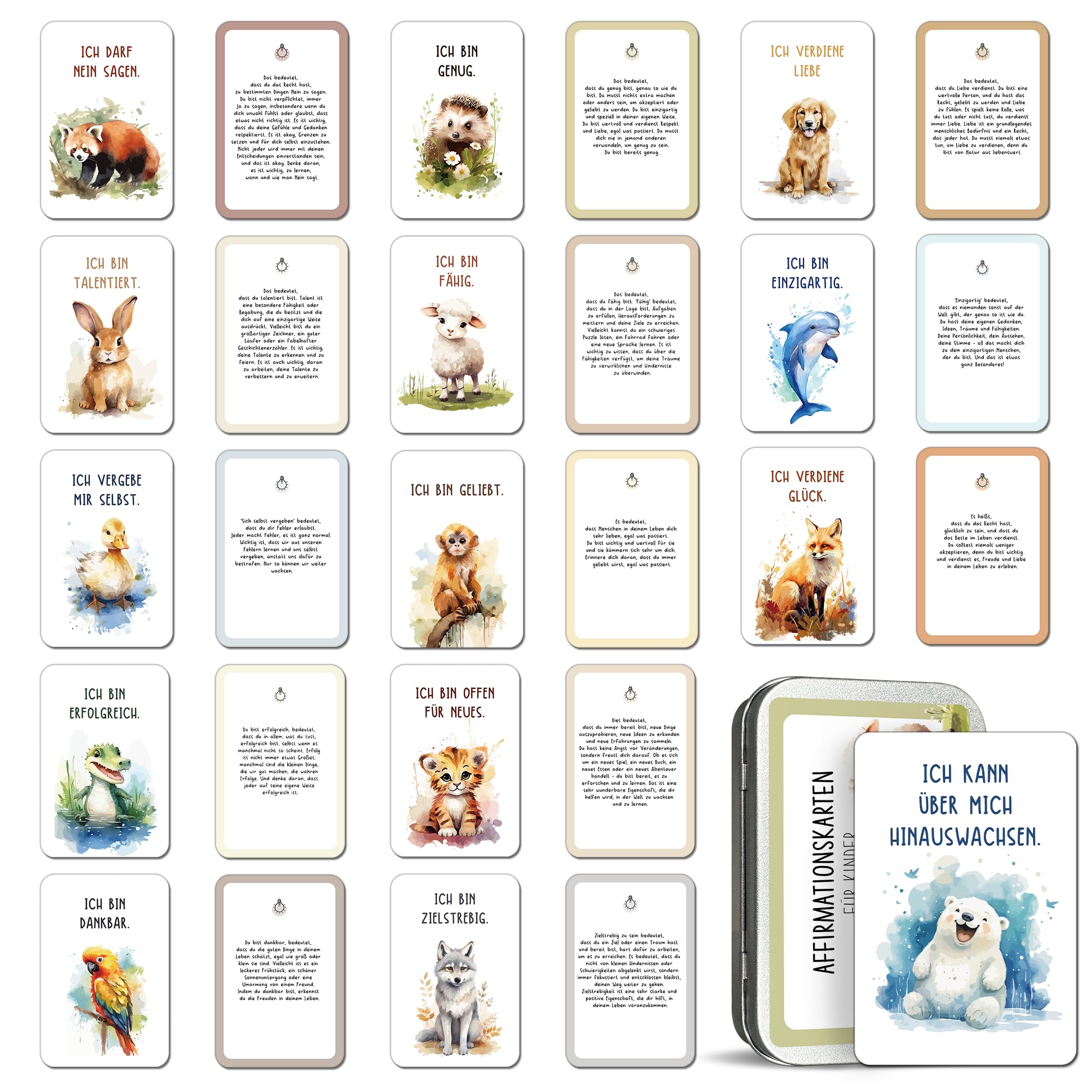 BIROYAL 48 Affirmation Cards for Children Mindfulness Cards with Metal Box, Motivation Cards for Feelings Self-Love