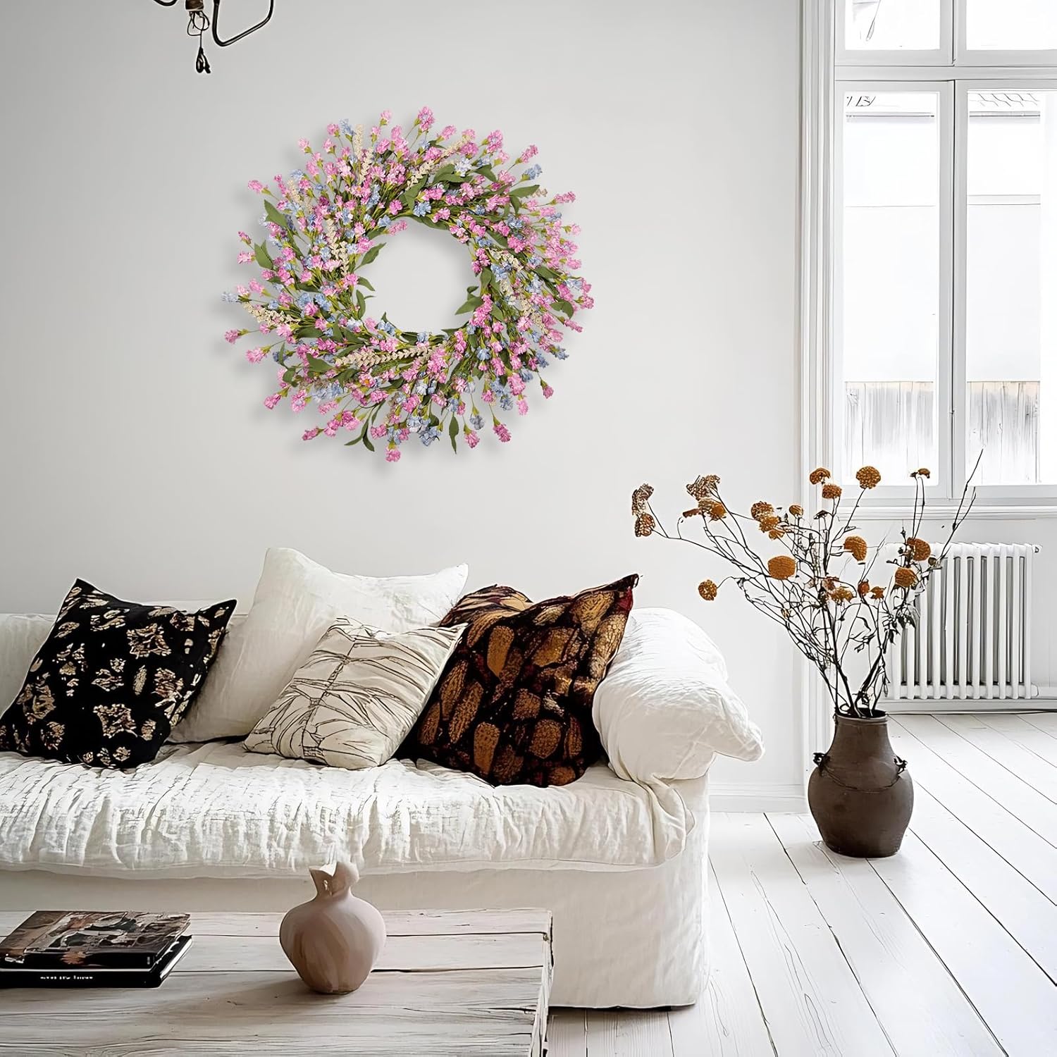 24 Inch Spring Summer Wreaths for Front Door, Year Round Artificial Lavender Paper Flower Wreath with Blue Pink Fade Flowers, Home Farmhouse Windows Walls Porch Wedding Indoor Outdoor Decor - Image 7