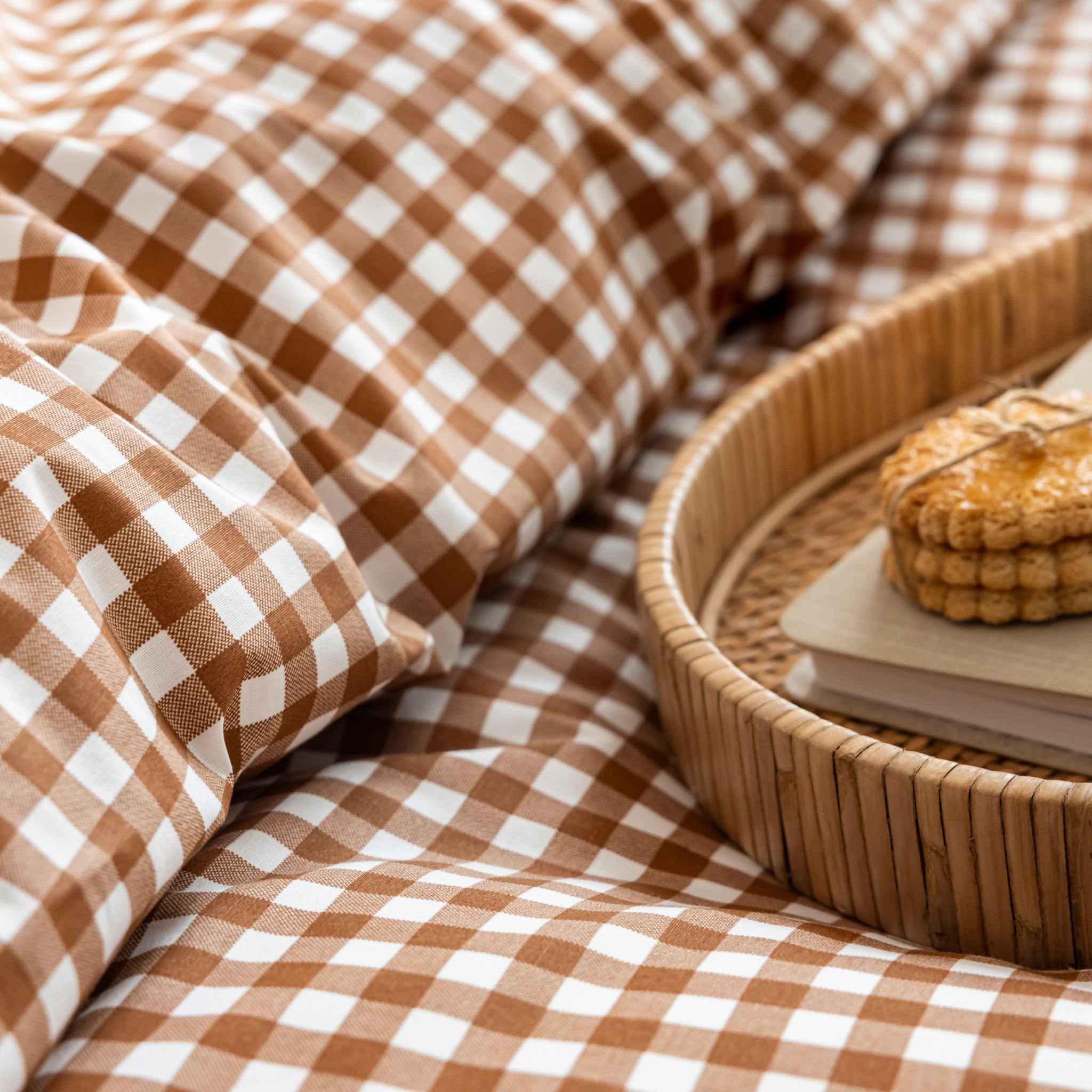 Terre de Nuit - Parure de lit Vichy 140x200 Marron - Marron Noisette - Carreaux - 57 Fils/cm² - Base Droite