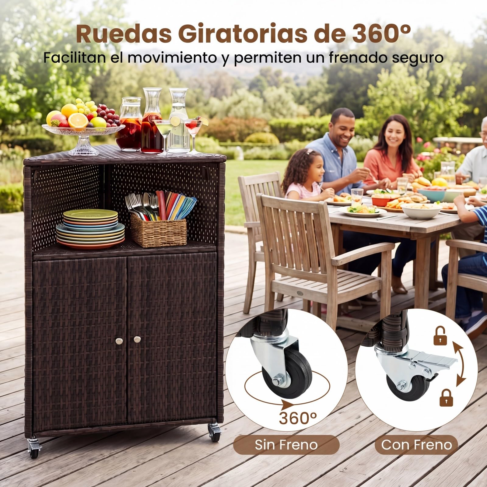 COSTWAY Armario de Ratán para Exterior, Mueble de Almacenamiento con Ruedas, Compartimento Abierto, Armario de 2 Niveles con Puertas, Aparador Rodante para Patio, Jardín, Terraza