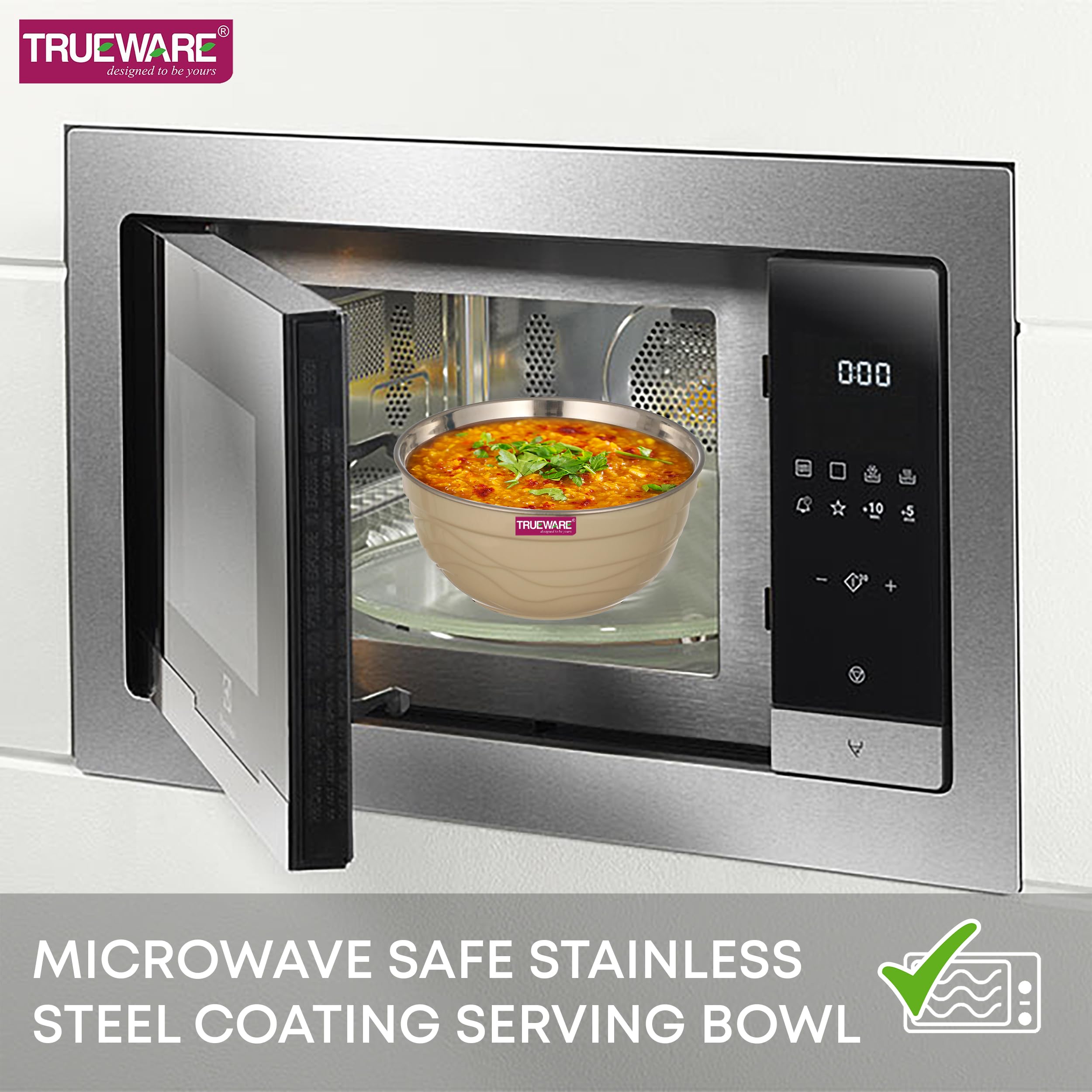 Trueware Microwave Safe Bowl |1 Year Warranty | Bowl Sets, Bowl, Serving Bowl with lid |1000,1400,2000 ml | Florra Stainless Steel Serving Bowls, Microwave Bowl | Mixing Bowl Set of 3 with Lid- Cream 4