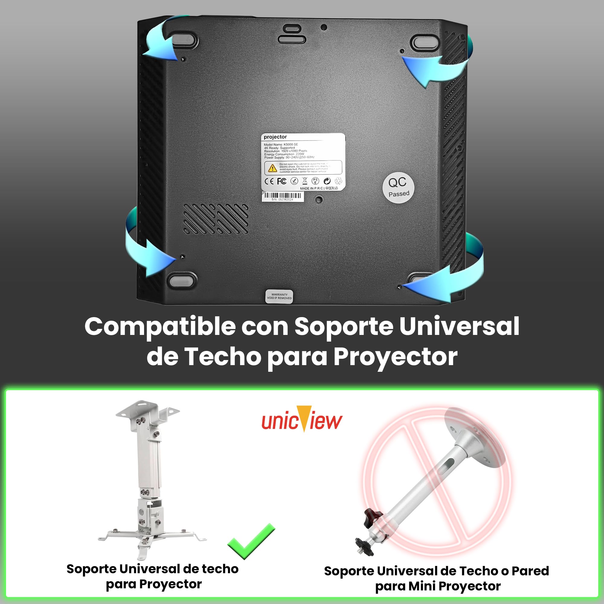 Proyector 4K, Unicview K5000, 1800 ANSI lúmenes, Cine en casa y presentaciones, Enfoque motorizado, Keystone 4D, Zoom Digital, HDMI, USB-C, Jack 3.5, Altavoces 10W (AndroidTV)
