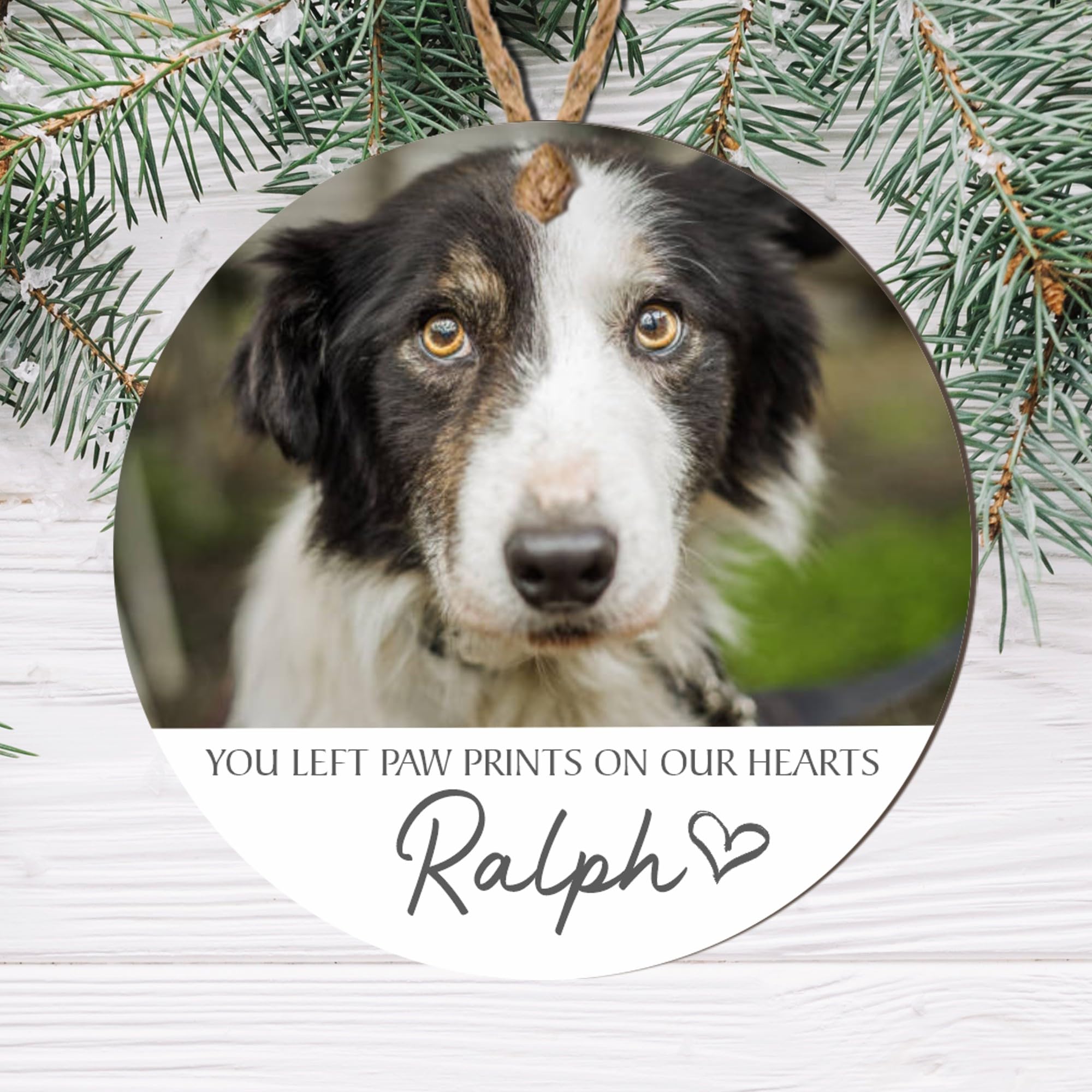 "Custom Pet Memorial Ornament - 'You Left Paw Prints on Our Hearts' Personalised Photo Keepsake Bauble for Dog or Cat Remembrance (Grey, Mdf Wood Indoor Use Only 9cm x 9cm)
