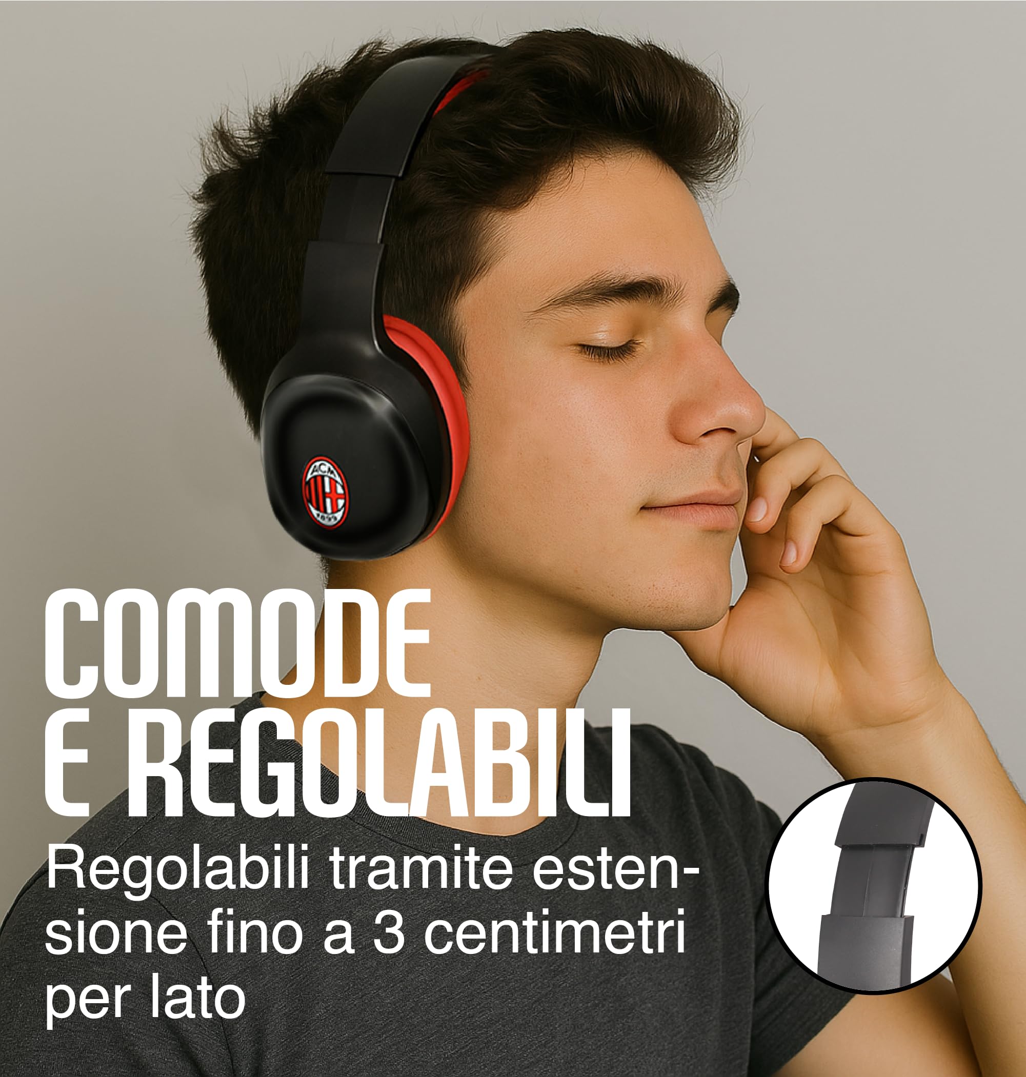 TECHMADE Ac Milan- Cuffie Senza Filo Cuffie Wireless Over-Ear, Cuffie Bluetooth Regolabili, Cuffie con Microfono Incorporato, HiFi Stereo, Micro SD Slot, per iPhone/Android/Viaggio/PC