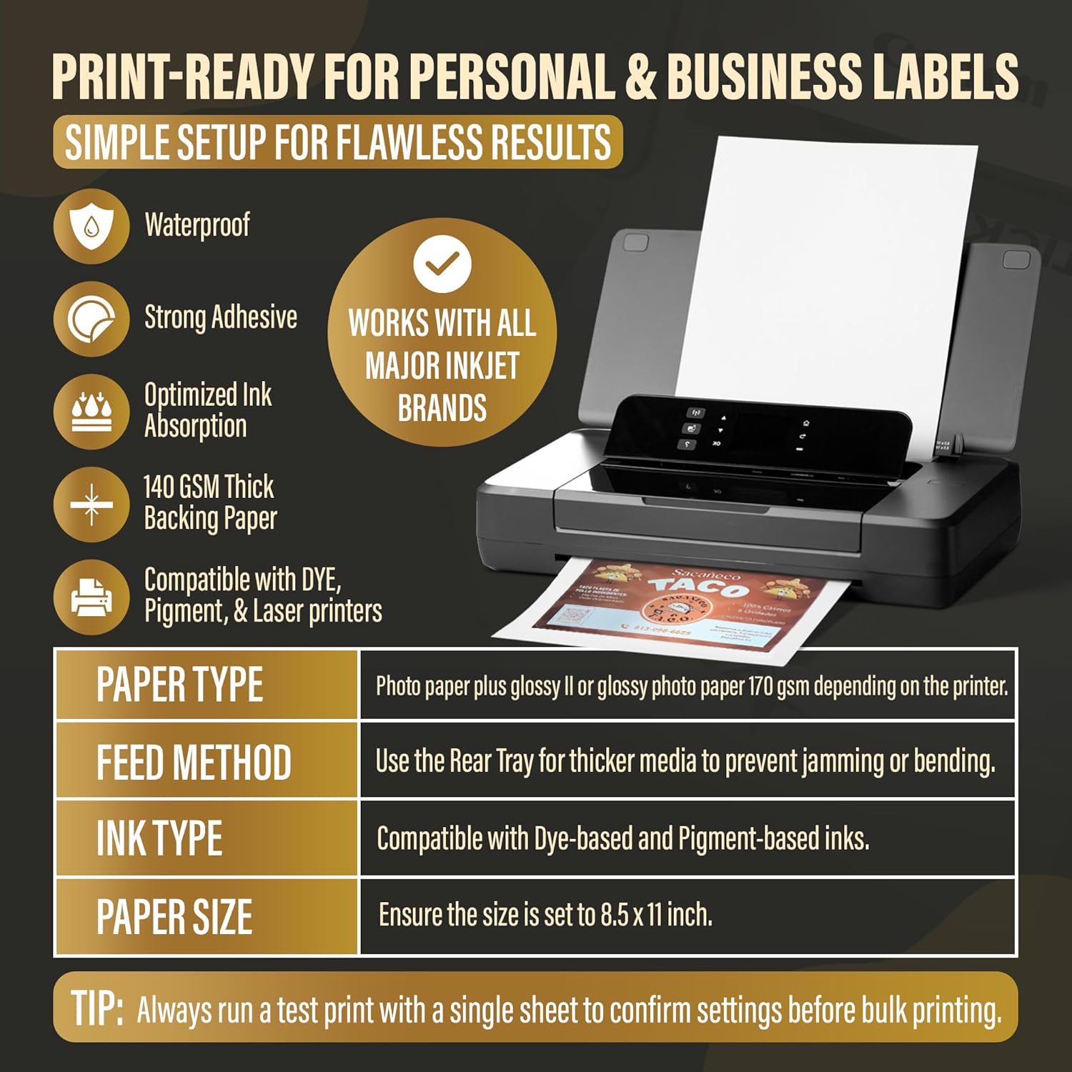 Supplies Masters/50 Glossy Sticker Sheets 8.5 x 11 / Printable Glossy High Resolution Paper for Inkjet Printer (Dyes or PIGMENTS) / Papel Adhesivo Brillante Waterproof (8.5 * 11 in/Letter Size)