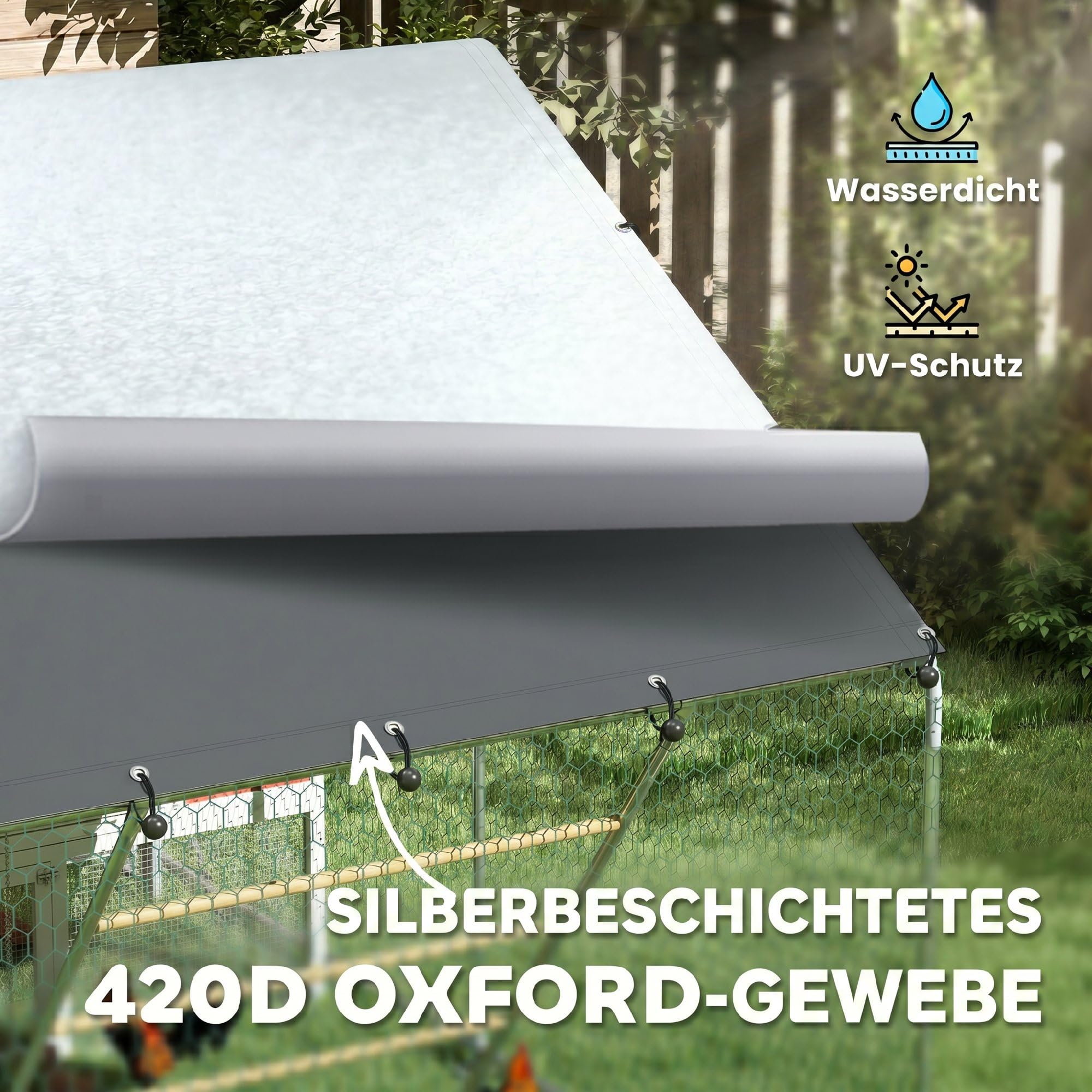 PawHut Hühnerstall 3x2x2 m Freilaufgehege Hühnergehege 6-8 Hühner Silber | Freigehege aus Verzinktem Stahl, UV-beständiger Dachabdeckung, Futtertür, Hängefütterung, Sitzstange, Kleintiere