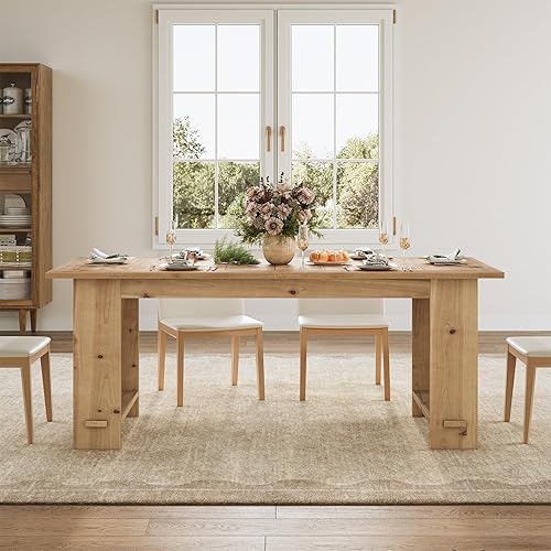 LITTLE TREE Mesa de comedor de madera maciza para 4 a 6 personas, mesa de cocina rectangular de 63 pulgadas con patas resistentes, muebles de madera