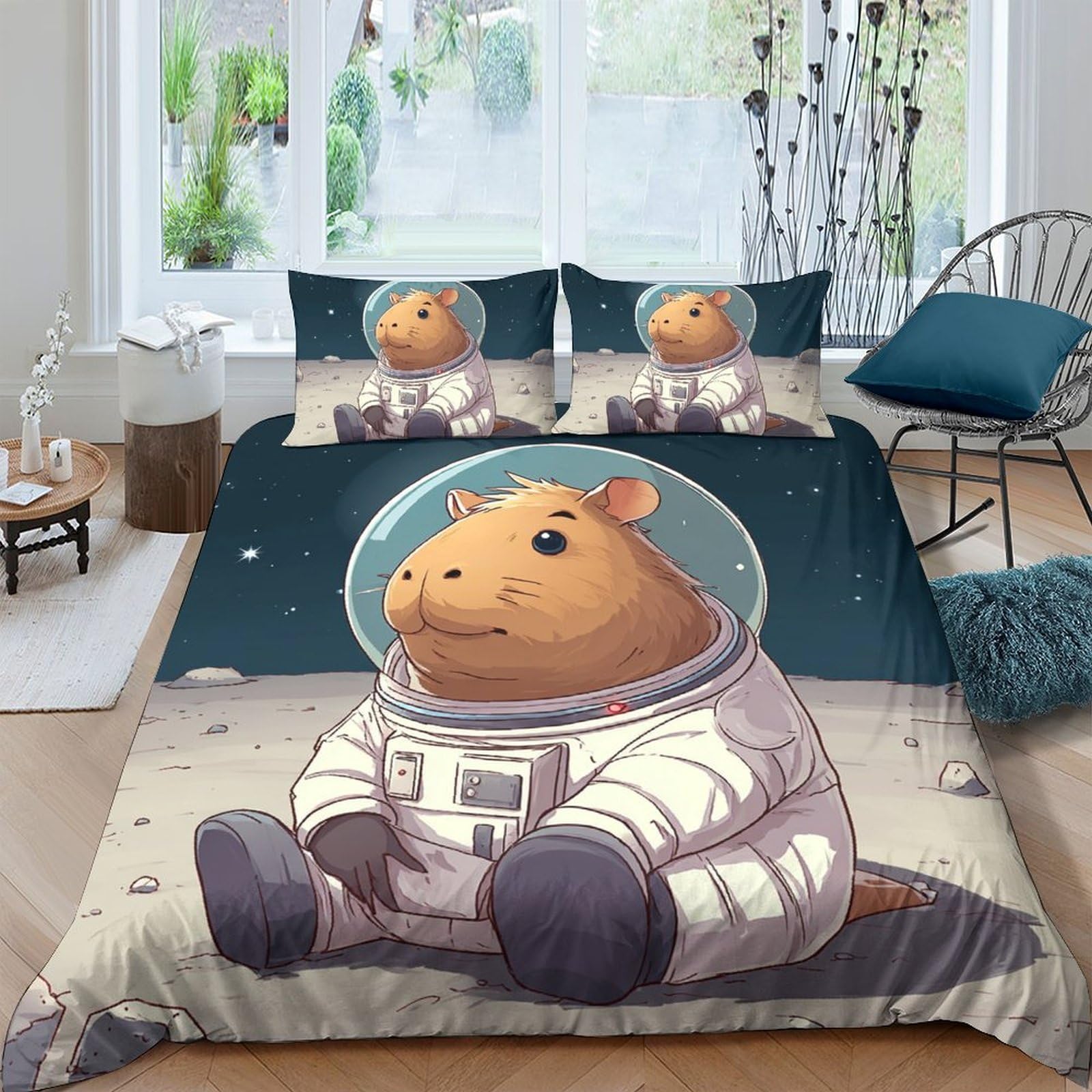 GPLZQXKJNH 3D Printed Astronaut Capybara Duvet Cover Microfiber Soft Breathable Space Animal Bedding Set with 2 Pillowcases Single（135x200cm）