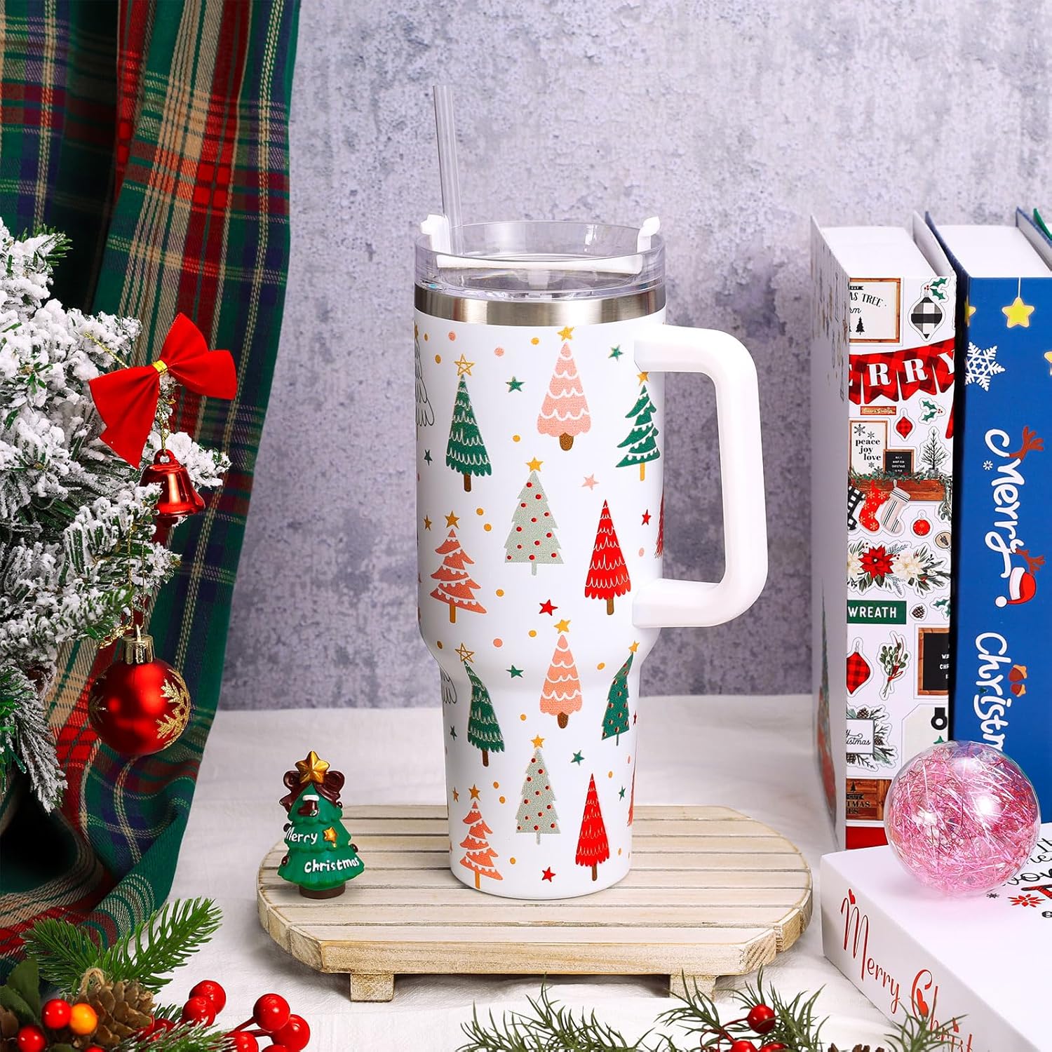 Whaline 40oz Christmas Tumbler with Handle Straw and Lid Cute Xmas Tree Travel Tumbler Coffee Cup for Holiday Party Home Office - Image 5
