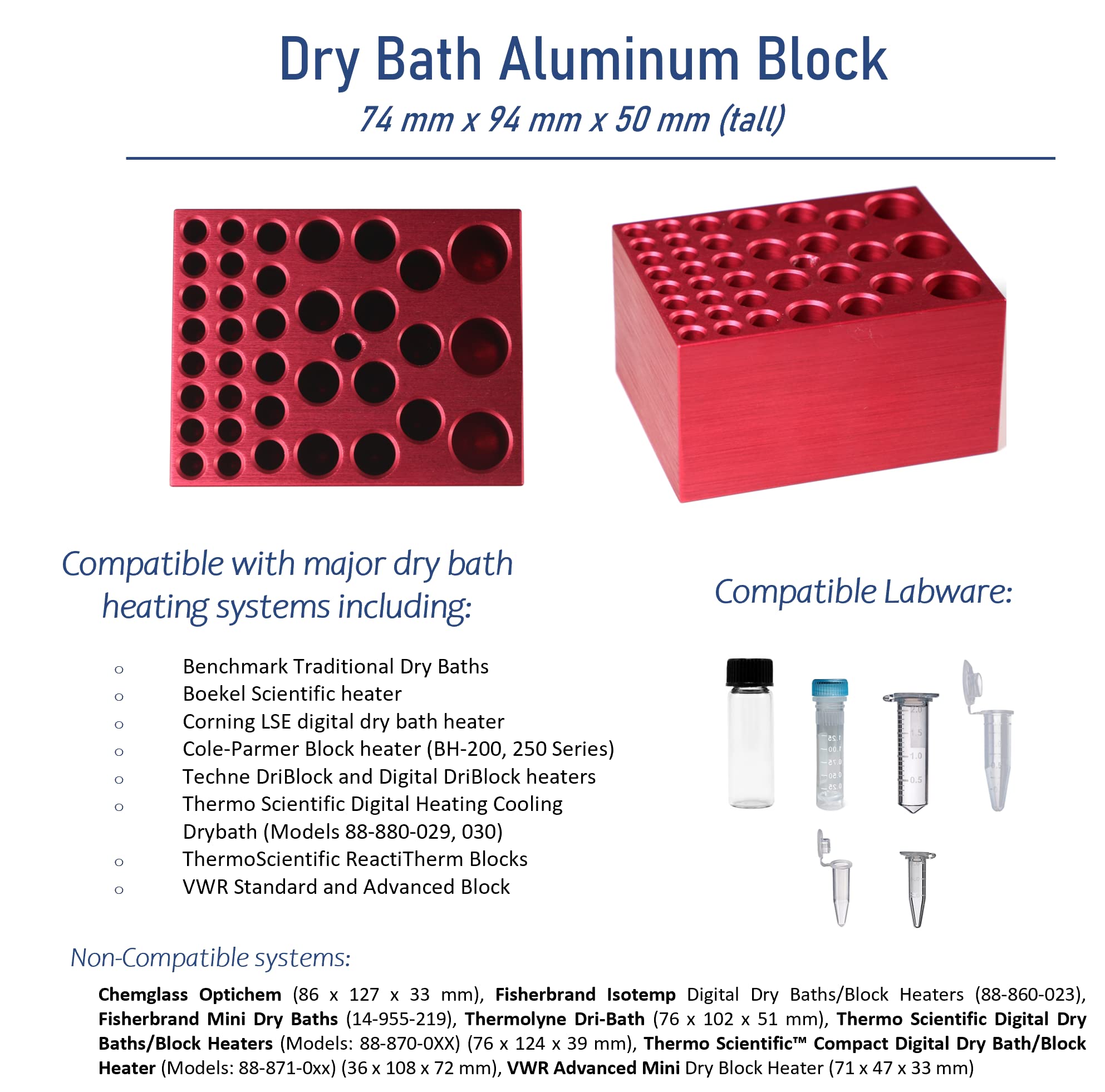 Bloque de calefacción de baño seco de aluminio – 2.9 x 3.7 pulgadas – Se adapta a los principales calentadores de baño seco – Capacidad para viales de 0.2 ml, 0.6 ml, 1.5 ml, 2.0 ml y 1 dram