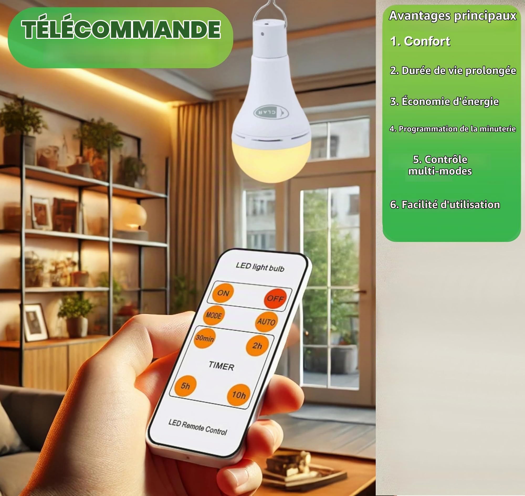 CLAR - Ampoule LED E27 Rechargeable Avec Télécommande, Sans Fil, 9W, Blanc Chaud (3000ºk) (Pack 3)
