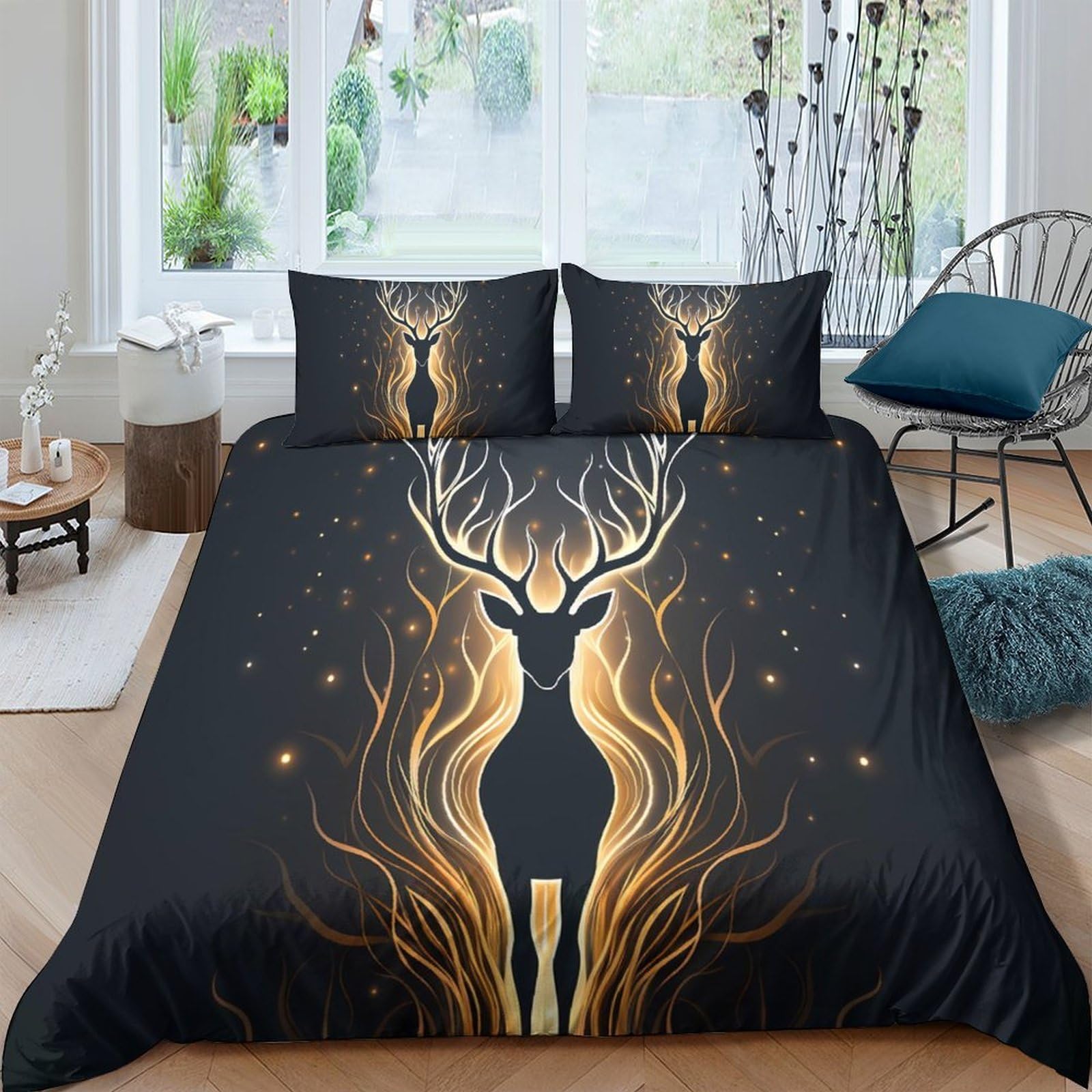 Ctjqhvkz Style-5 3D Printed Golden Deer Fitted Sheet Microfiber Soft Black Forest Mattress Cover Anti-Slip Easy Care For Bedroom Dorm Decor Single（135X200cm）