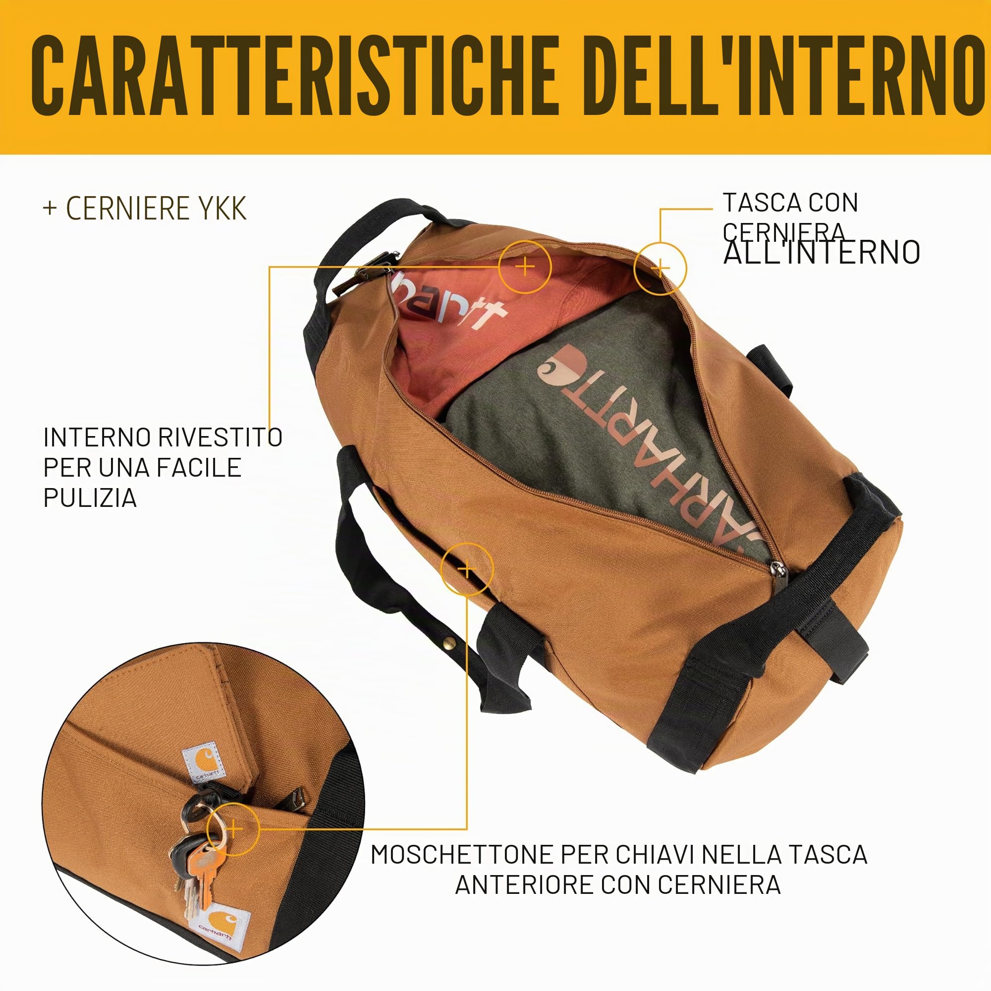 Carhartt Classic Round Duffel con Utility Pouch, Heavy Duty, Water Resistant Packable Gear Bag per cantiere, Marrone Carhartt, 40L US, 40 litri
