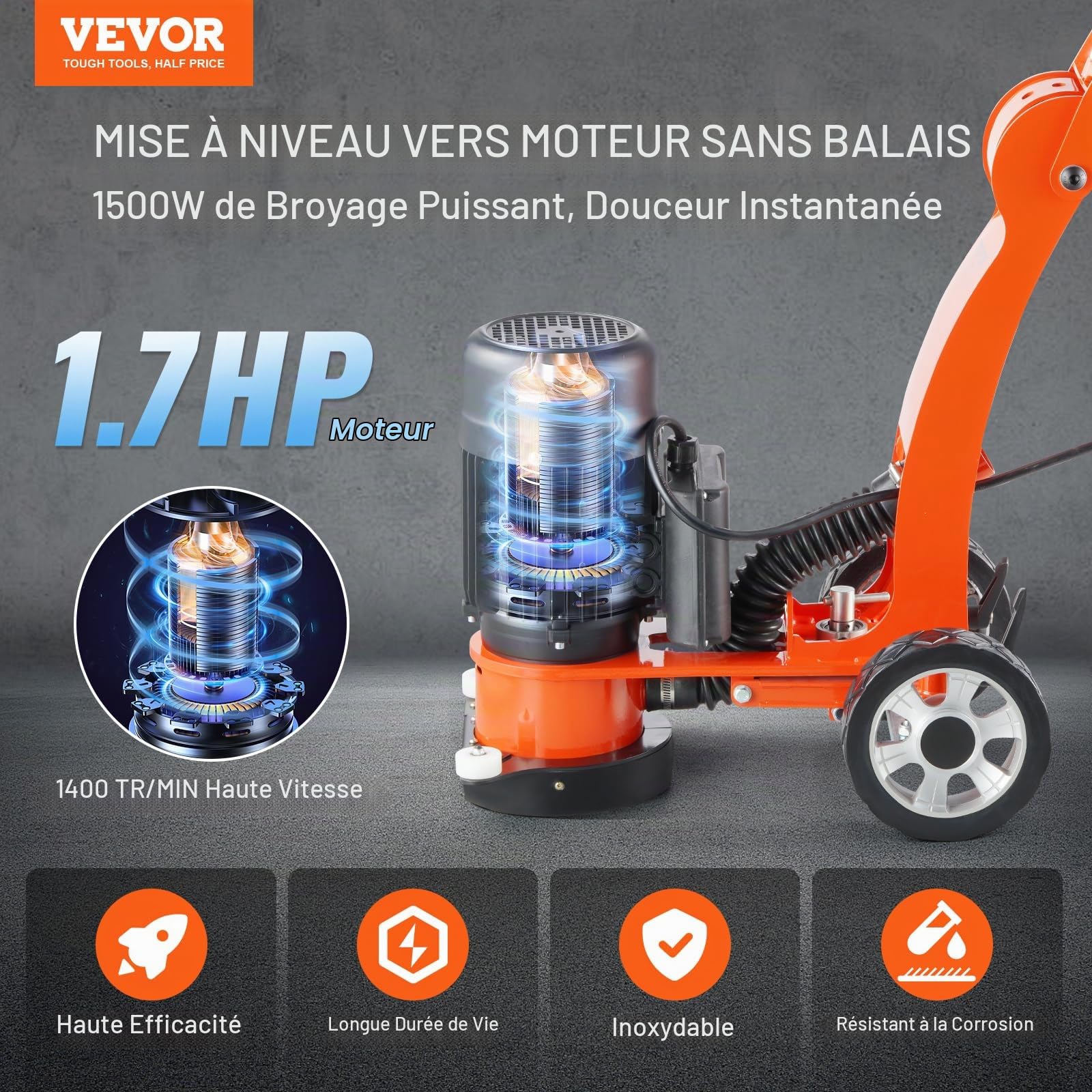VEVOR Ponceuse électrique pour sol en béton 1500 W, surfaceuse de béton avec disque de ponçage de sol 180 mm, vitesse 1400 tr/min, moteur sans balais, meuleuse de surface pour granit, marbre, pierres