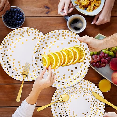 Miniatura 6 de 350 piezas de suministros dorados para fiestas, platos de papel blanco con puntos dorados, servilletas, tazas y cubiertos de plástico, juegos de