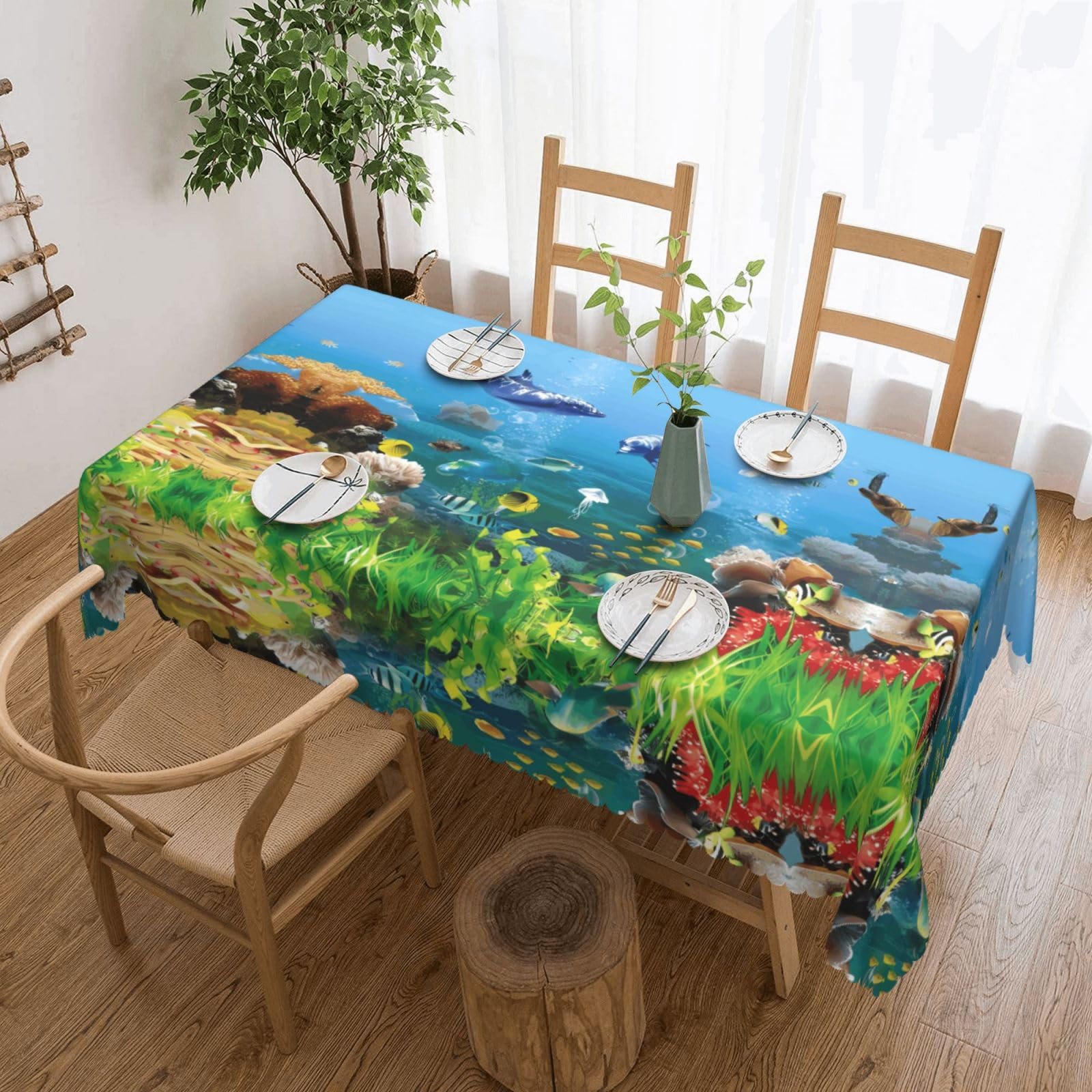 HLSBSSL Sea World Patterned square lace tablecloth, wrinkle-resistant and durable, suitable for dining tables, parties, etc.