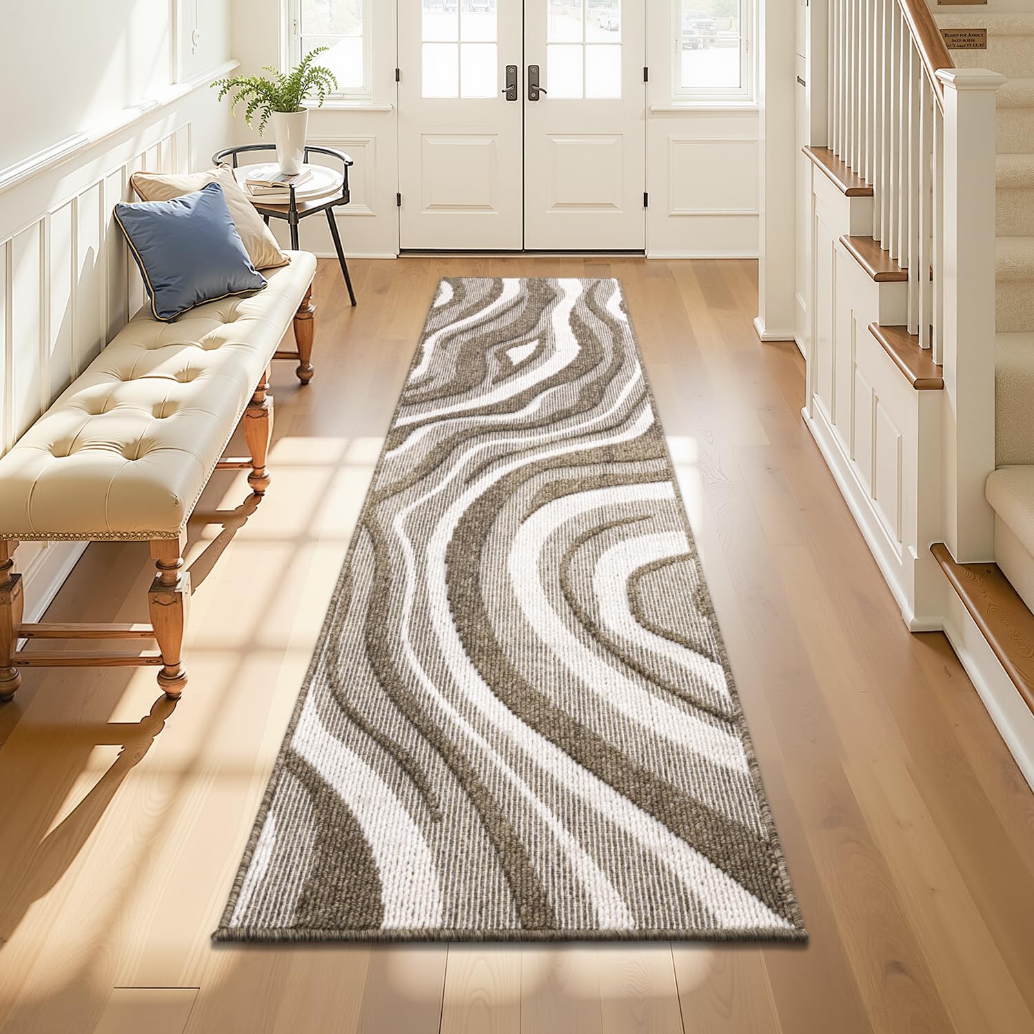 Homodeco Washable Runner Rug 60 x 240cm, Non Slip Absorbent Hallway Runner Rug Extra Long, Low Pile Carpet runner rug for Kitchen Laundry Bedroom Entrance Stair, Brown Beige & Abstract Line