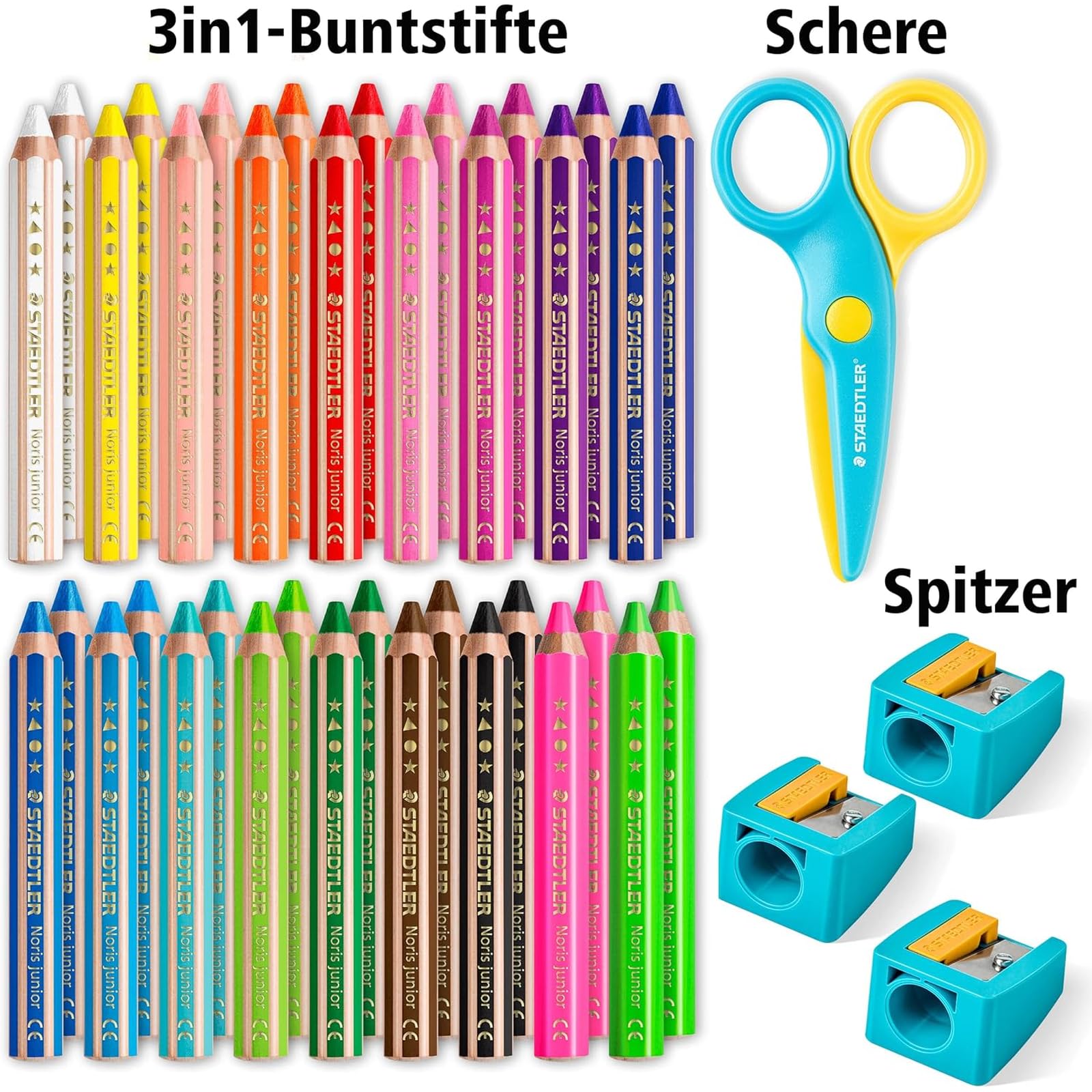 STAEDTLER Noris Junior kredki i nożyczki zabezpieczające 3 w 1, kredki świecowe i akwarelowe, idealne dla małych dzieci, tnie tylko papier, 36 długopisów, 3 temperówki i nożyczki ochronne, 140 C36P2X