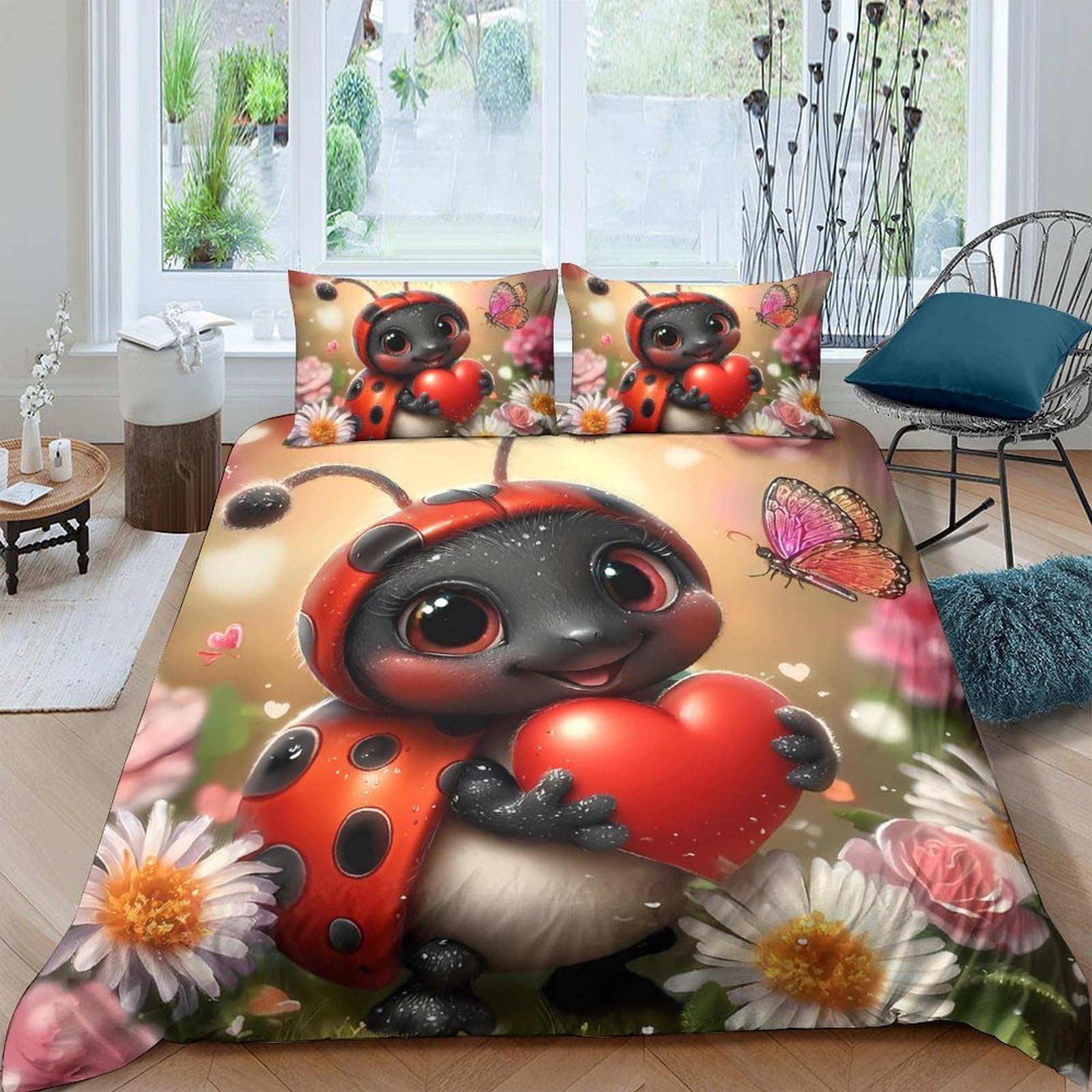 Ctjqhvkz Style-1 3D Printed Cute Ladybug Fitted Sheet Microfiber Soft Floral Cartoon Bed Cover For Bedroom Dorm Mattress Decor Single（135X200cm）
