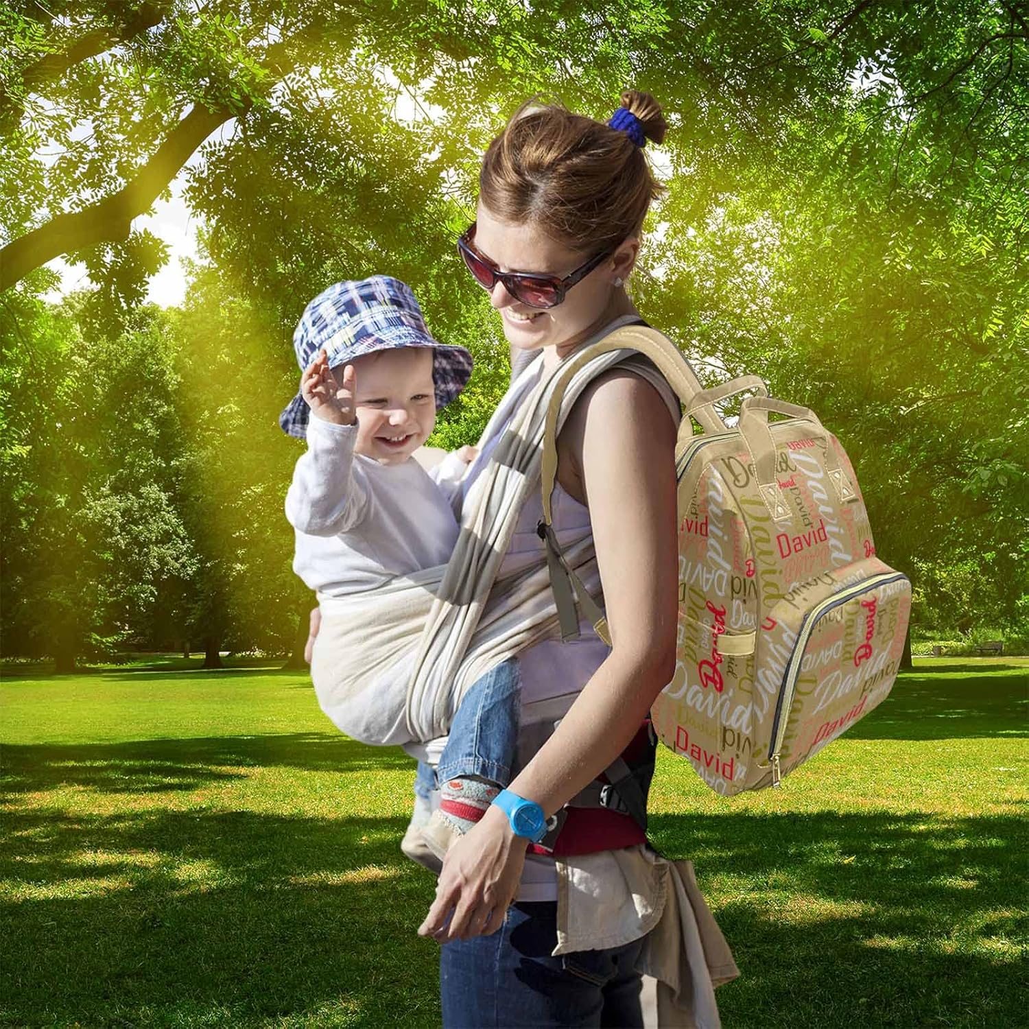 Custom Name Diaper Bag Backpack for Baby Boy, Personalized Beige Large Nappy Nursing Orangizer Mommy Bags, Waterproof Travel Daypack Gifts for Mom Dad