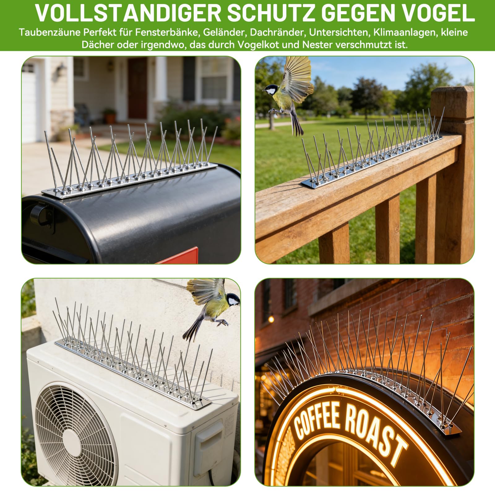 Warmfay Taubenabwehr Spikes 10m, Taubenschreck aus 304 Edelstahl Rostfrei & Wetterbeständig, Effektiver Vogelschutz für Balkon, Dach, Fensterbank& Garten, Vogelabwehr Spikes inkl. Montage Zubehör
