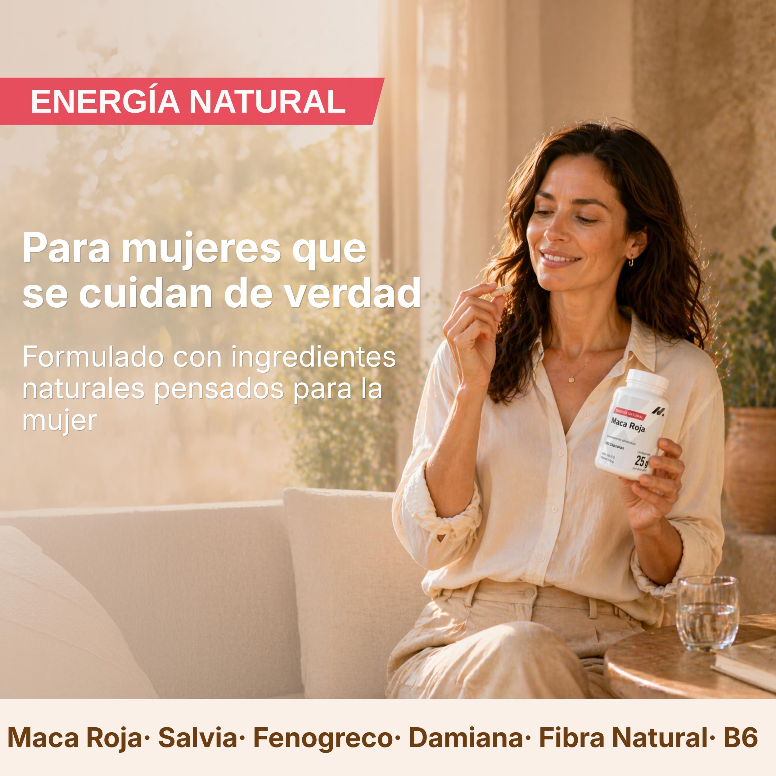 Maca Roja Mujer con Salvia, Fenogreco y Damiana - Apoyo Hormonal Femenino, Energía y Bienestar - 25.000 mg Equivalentes de Maca Roja en Polvo - 180 Cápsulas, 60 Dosis - Nyvos