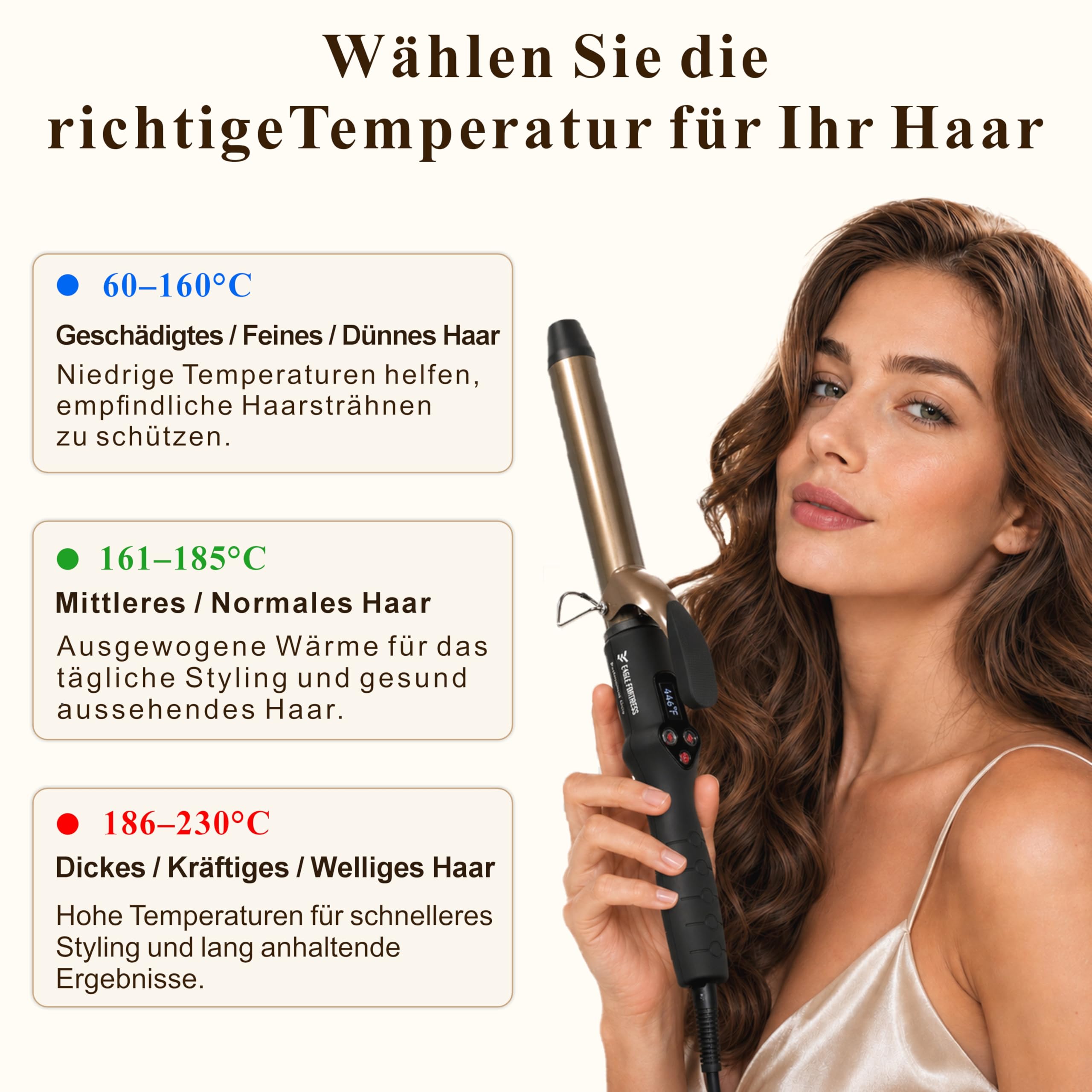 Fer à boucler professionnel avec écran LCD, 30 secondes, chauffage rapide, 60 °C à 230 °C, fer à boucler en céramique en aluminium avec pince, qualité salon pour tous les types de cheveux, câble