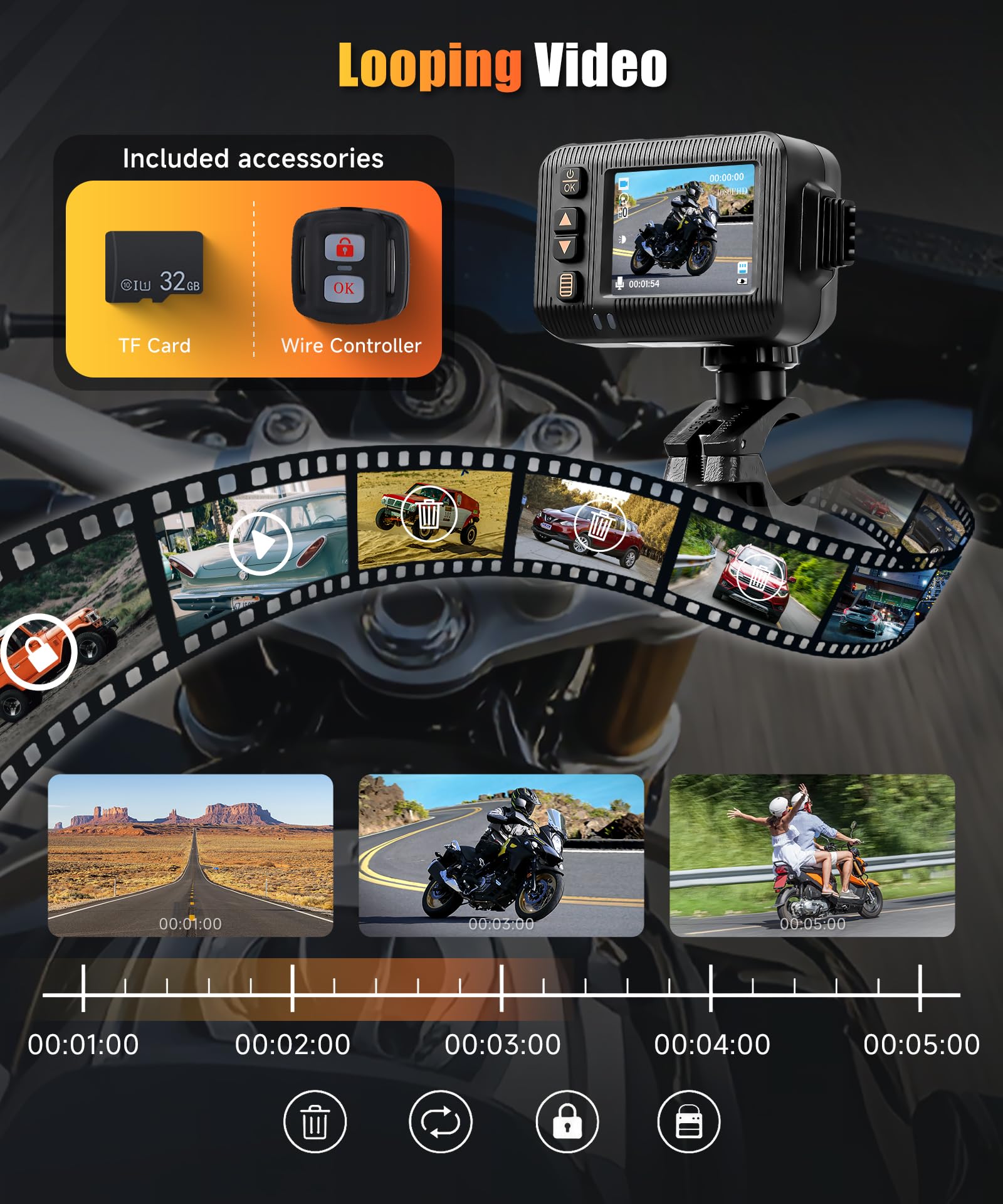 VECHTEL Videocamera da Cruscotto Moto Anteriore e Posteriore 1080p, Schermo HD da 2", Doppia Fotocamera per Moto, Impermeabile, Registrazione in Loop, Sensore G Integrato, Telecomando e Scheda SD da