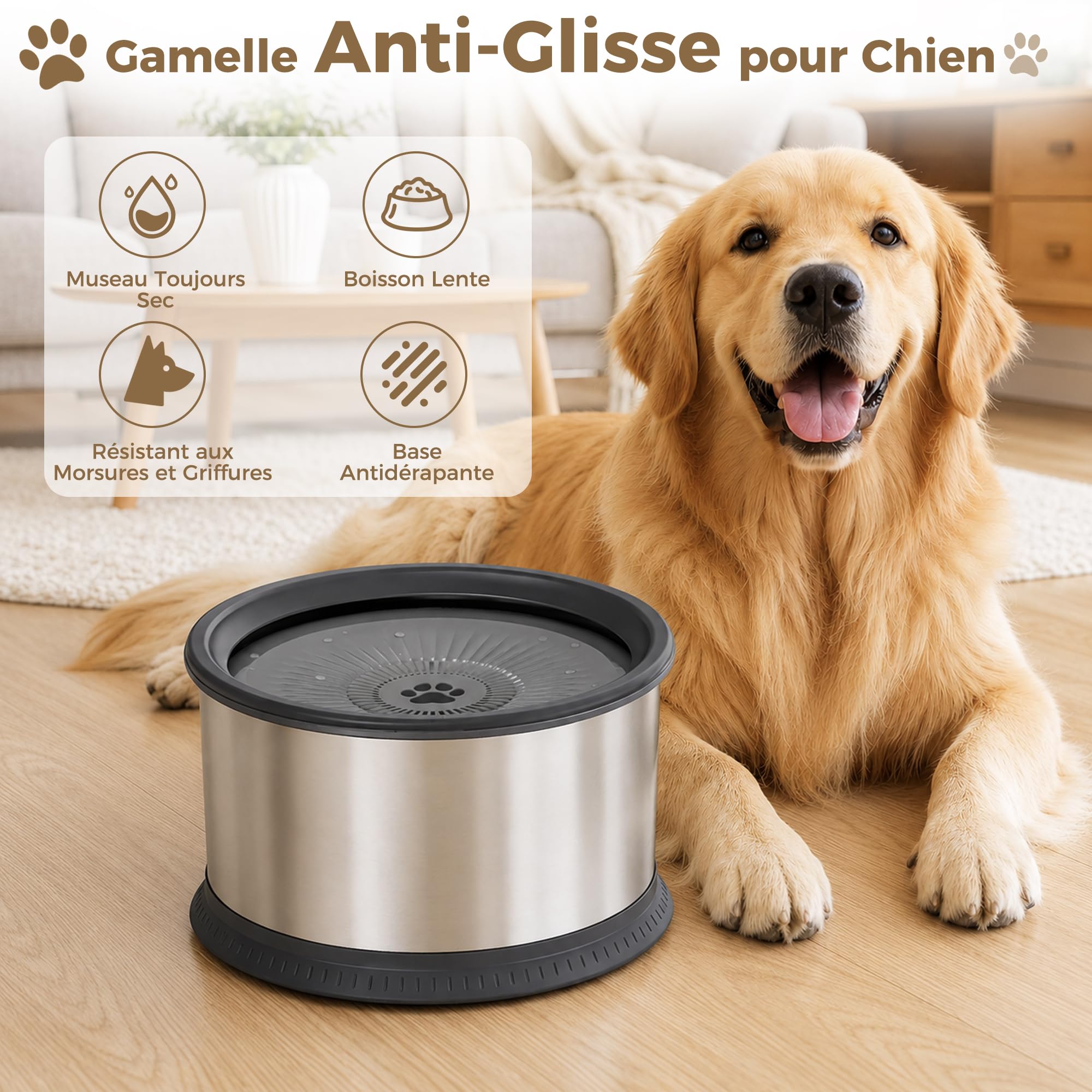 Gamelle d'eau pour Chien 6.5L sans Déversement, Gamelle Anti Éclaboussure en Acier Inoxydable, Bol Boire Lent Anti Goutte avec Base Antidérapante, pour Intérieur Extérieur Voiture Camping (Gris)