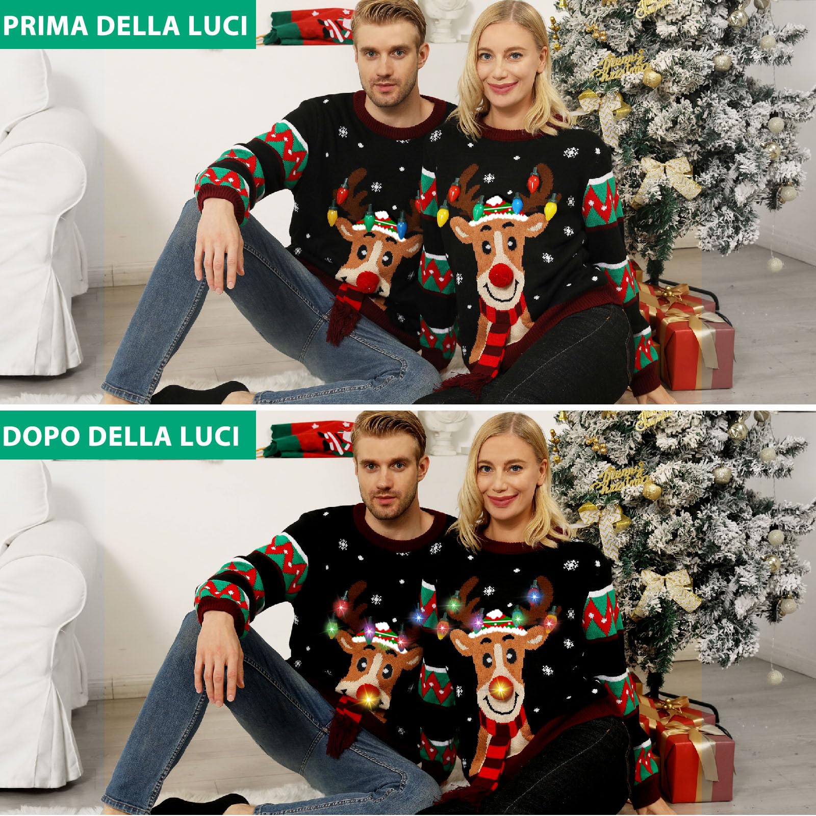 Maglione Natalizio con Luci, Maglioni Natalizi Famiglia Coppia Maglione Natale Uomo e Donna, Brutti Maglione Natalizio LED con Renna Stampato, Girocollo Ugly Christmas Sweater Maglioni di Natale