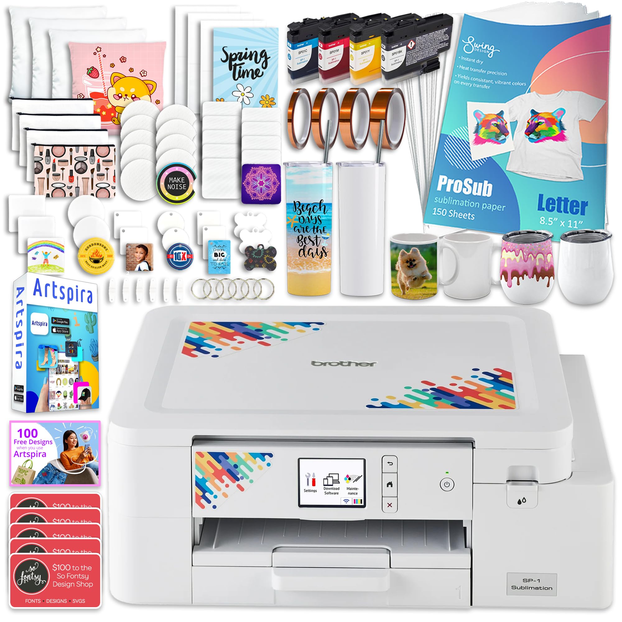 Brother SP-1 Sublimation Printer Deluxe Starter Bundle with Full Ink Set, 160 Sublimation Transfer Sheets, 56 Blanks, Tape and More