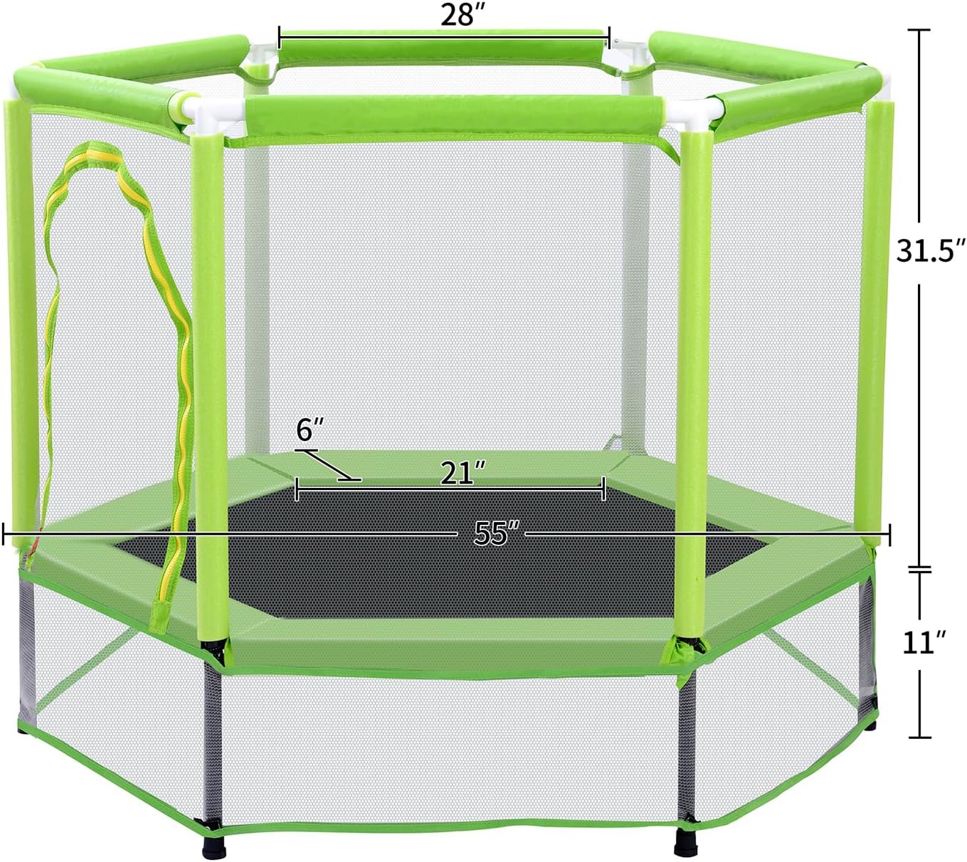 Diagram showing the assembled trampoline with key dimensions (length, width, height).