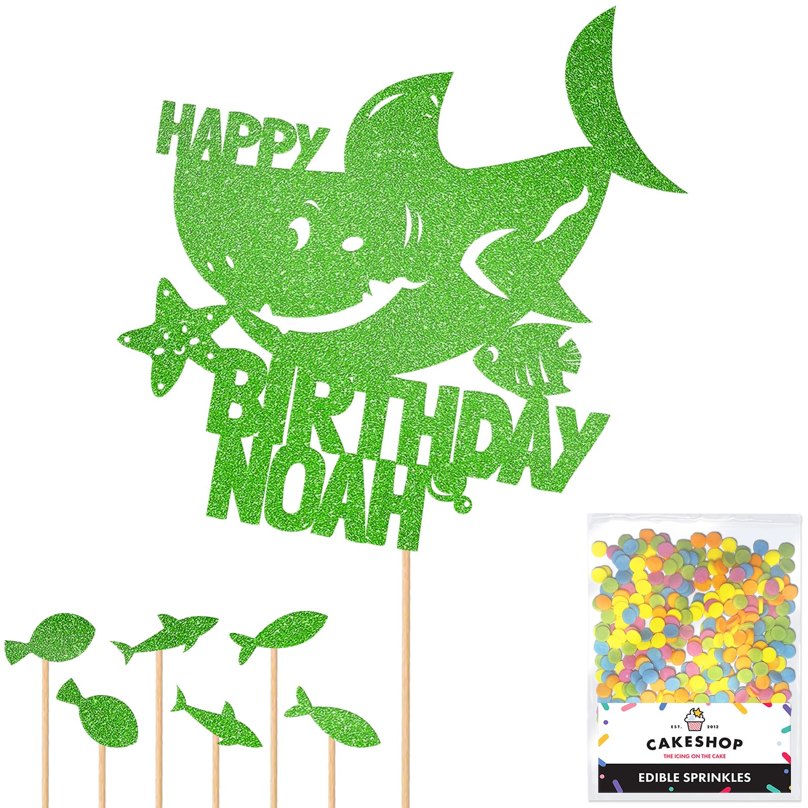 Personalised Birthday Shark Glitter Cake Topper- Green Any Custom Name Glitter Cake Decoration and Sprinkles - Happy Birthday Decorations - Personalised Toppers for Cakes by Cakeshop — image 1