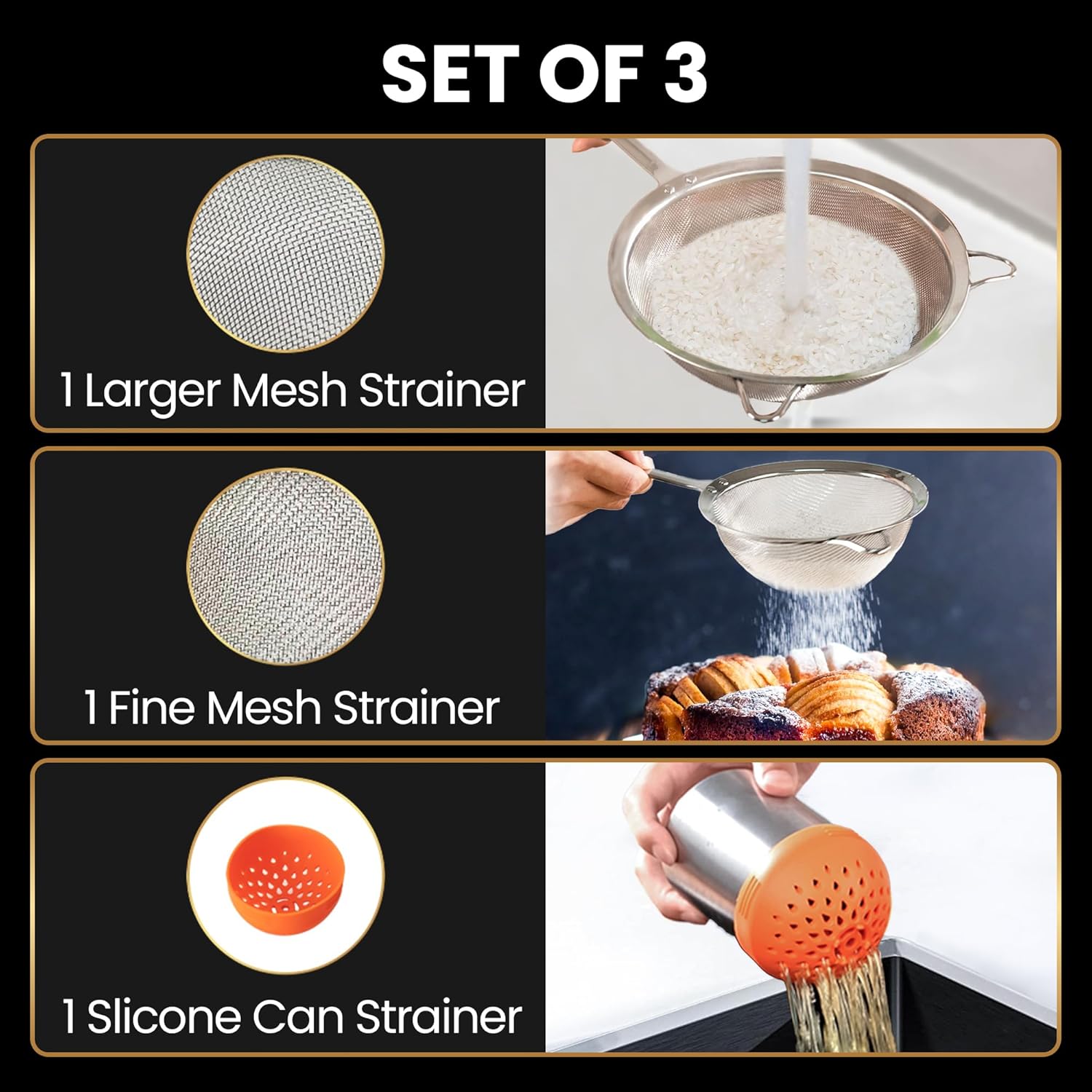 Stainless Steel Fine Mesh Strainer Set – 1 Large Flour Sifter with Sturdy Handle + 1 Small Mesh Sieve for Pasta & Rice + 1 Silicone Can Strainer – Stable, Durable, Dishwasher Safe, 5-Year Warranty