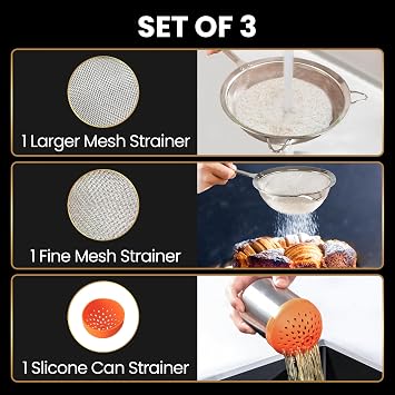 Gourmet Easy Stainless Steel Fine Mesh Strainer Combo, Spill-Proof Design | Include Large Stainless Steel Flour Sifter, Fine Mesh Sieve and Silicone Can Strainer, Dishwasher Safe,