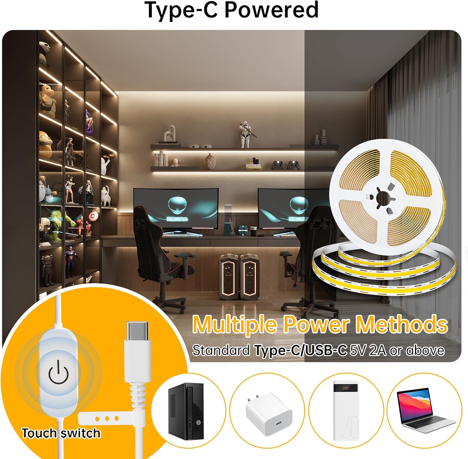 CtrlCV COB USB-C 5V LED Light Strip White Light, 6.56ft COB Light Strip Touch Switch Adjustable Bright for Home Decoration Living Room Cabinet Bedroom Mirror (No Adapter) (6000K, 6.56ft)