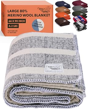 Woolly Mammoth Merino Wool Blanket- 66" x 90" 4 lbs Thick, Outdoor/Indoor Throw for Campfire, Picnic, Beach, Van Life, Home- Farmhouse Collection Heavy Duty Insulating Sleep Plaid, Navy/Cream Stripe