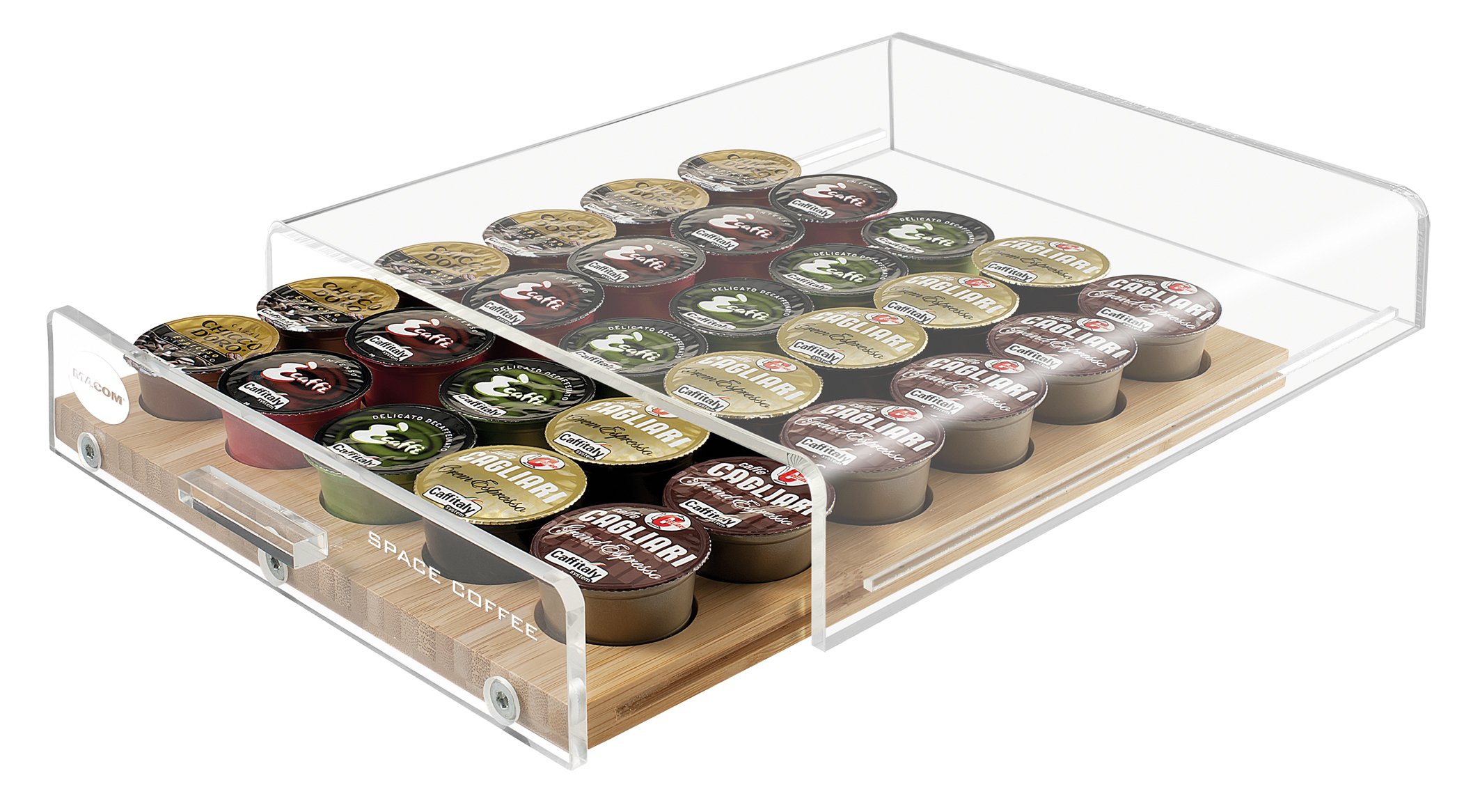 MACOM Just Kitchen 835 Space Coffee Dispenser Portacapsule Universale per Macchine Caffè, 30 capsule, cassetto in legno