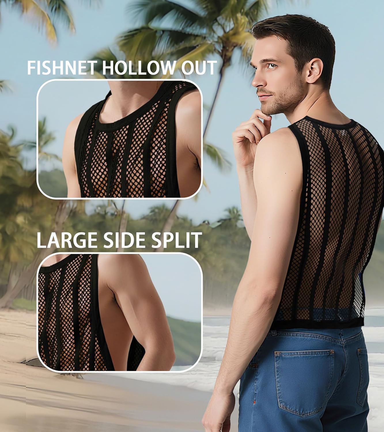 JINSHI Men's Mesh Shirts Fishnet Athletic Tank Tops Sexy Sleeveless Vest Male Loose Muscle Workout Swimwear - Image 6
