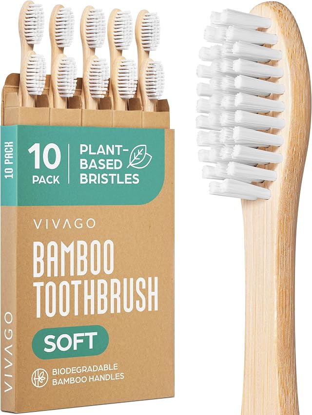 VIVAGO Paquete de 10 cepillos de dientes de bambú, cepillos de dientes naturales, cerdas suaves a base de plantas, cepillo de dientes de madera ecológico | Natural Toothbrush, Eco-Friendly, Wooden Toothbrush, BPA-Free