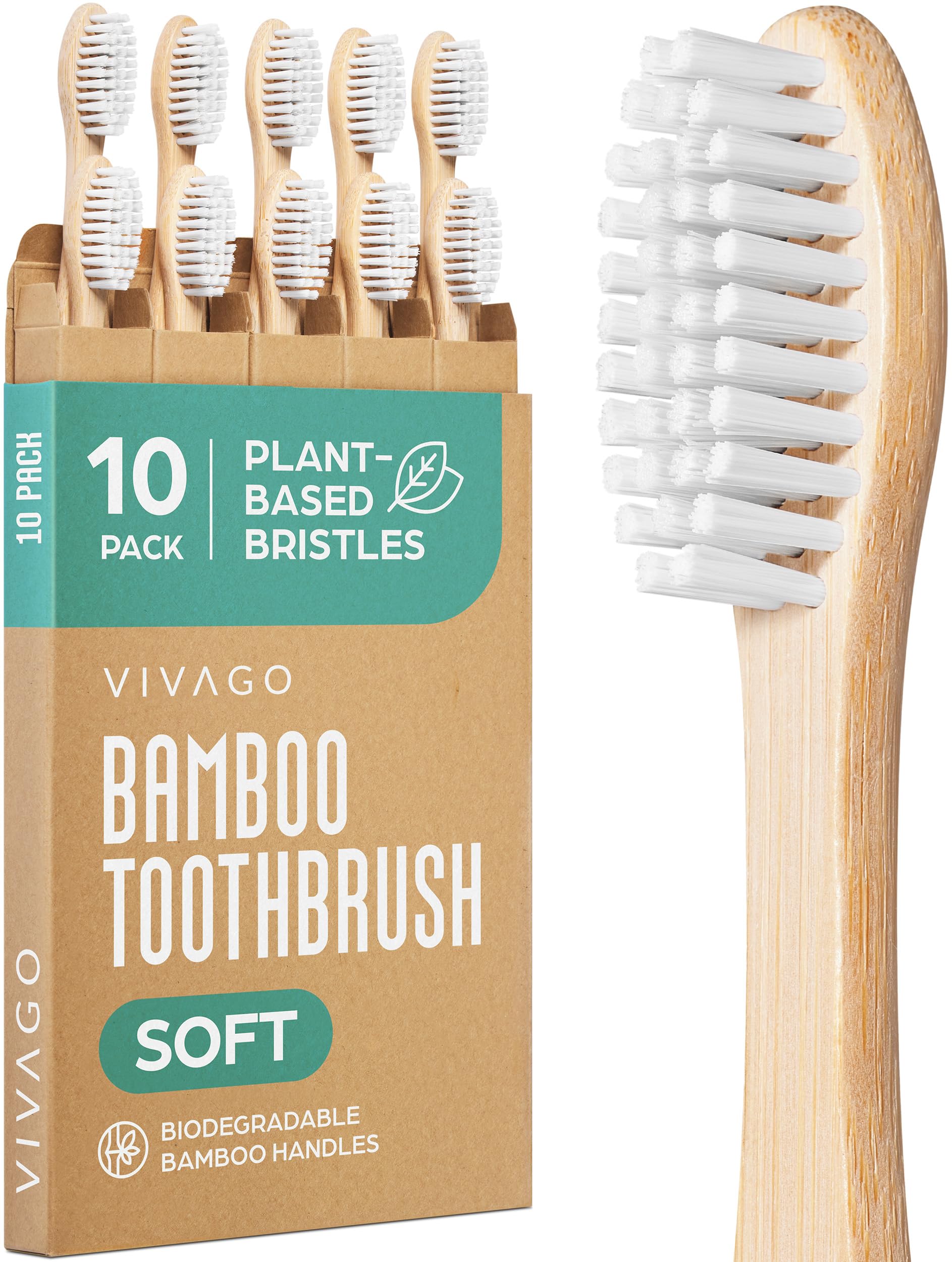 Bamboo Toothbrushes 10 Pack Natural Toothbrushes Plant-Based Soft Bristles Eco-Friendly Wooden Toothbrush