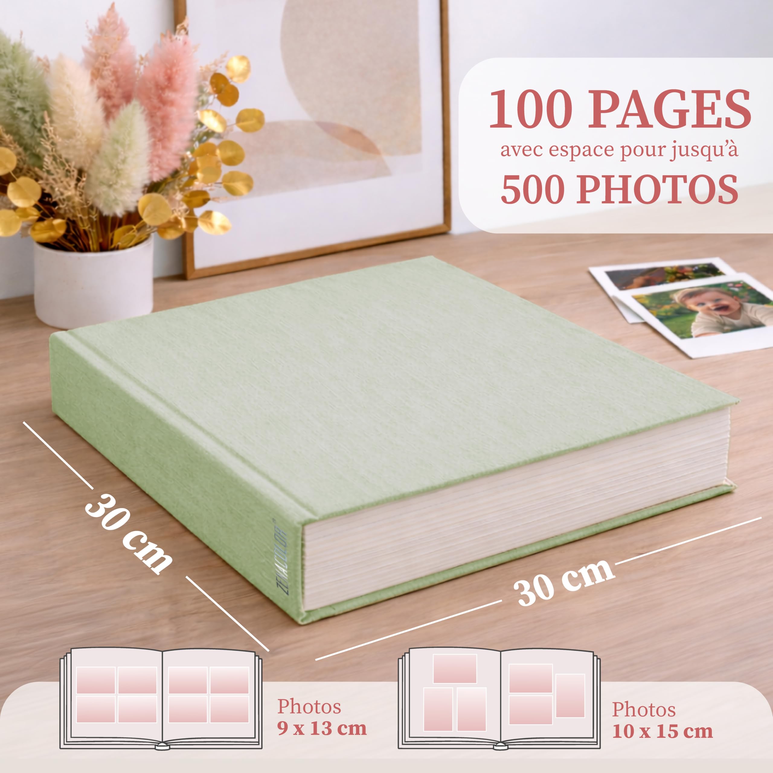 Zenacolor Album Photo Vierge - Albums photo 30x30cm Vert en Lin - Album photos 100 pages avec espace pour 500 photos